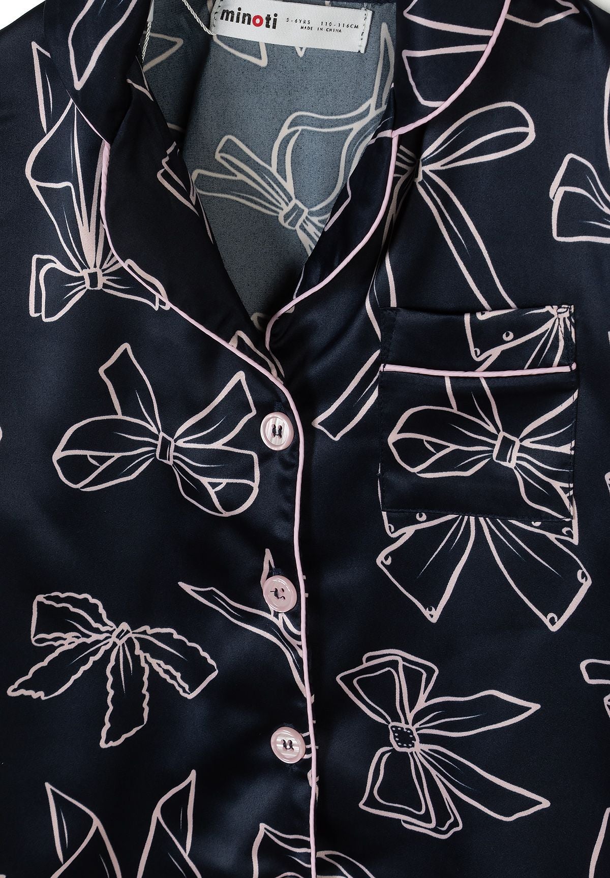 Satin Pyjama Set, Bow Print, Navy - 6