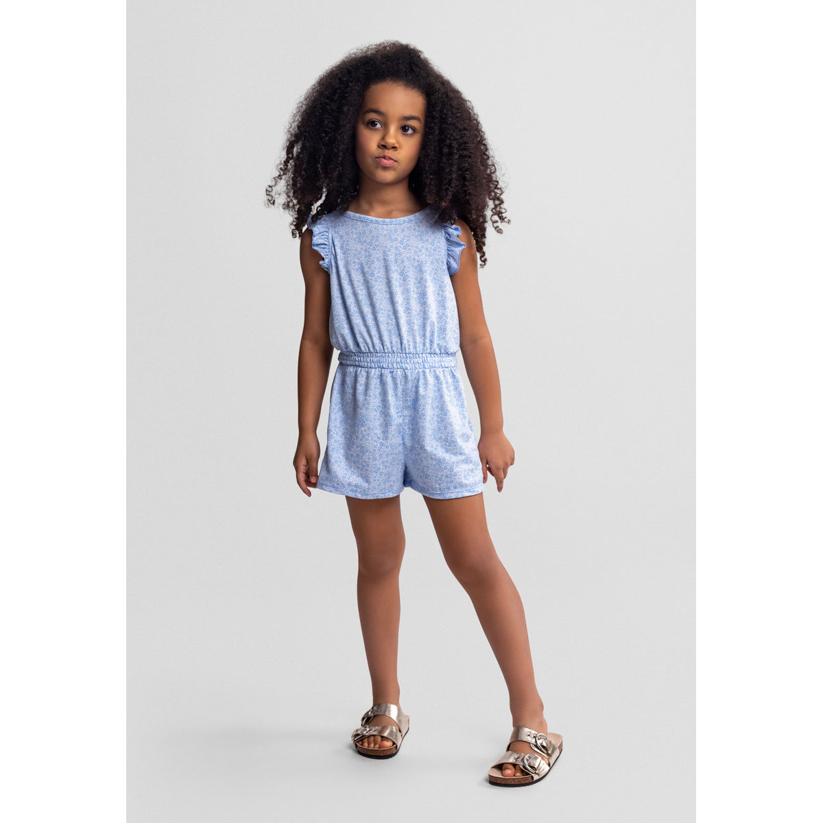 Girls' floral playsuit in light blue and white — complete product view for square Shop card