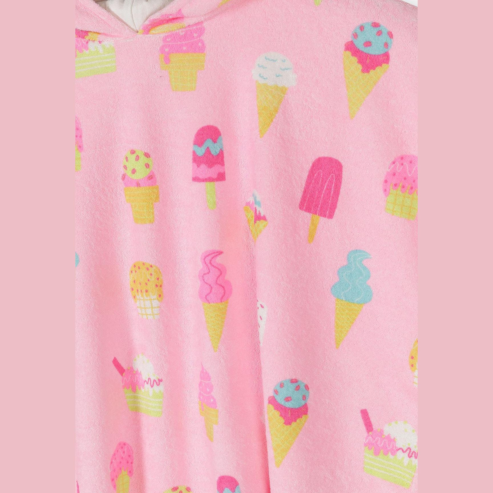 Close-up detail of the ice cream print pattern showing various colourful ice creams and popsicles on soft pink terry fabric