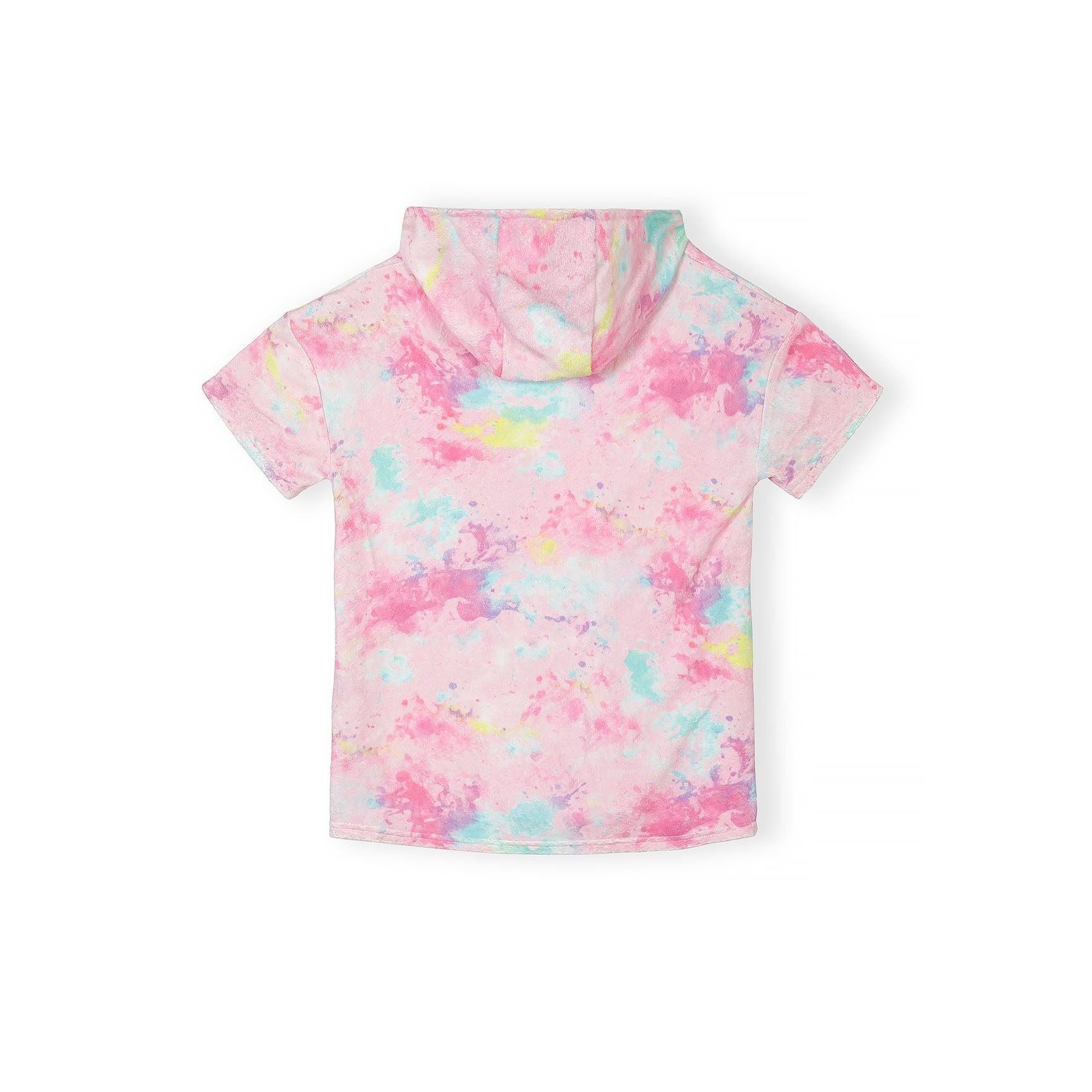 Back view showing the colourful tie-dye pattern and hood construction of the towelling cover-up