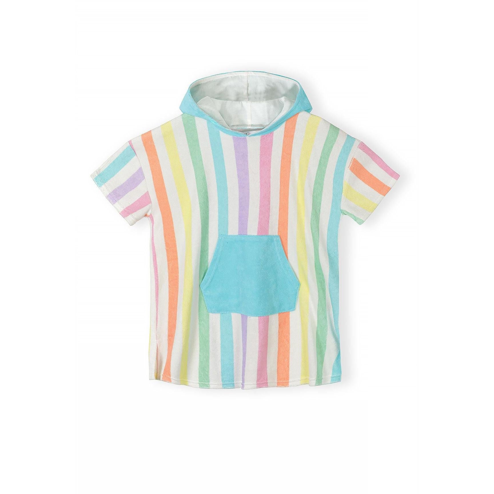Back view of rainbow striped towelling cover-up showing turquoise hood and colorful vertical stripes in pink, purple, yellow, orange and green