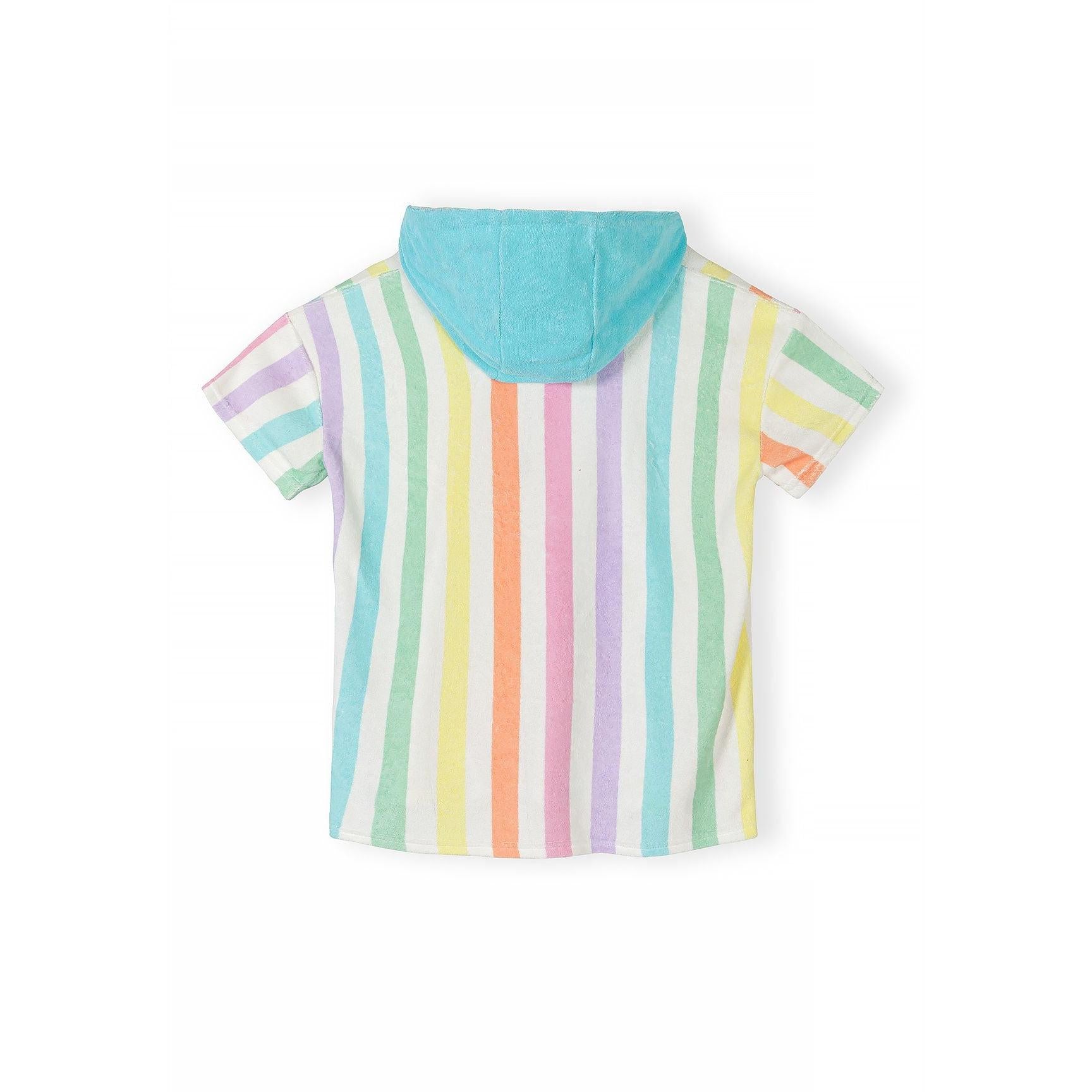Back view of rainbow striped towelling cover-up showing turquoise hood and colorful vertical stripes in pink, purple, yellow, orange and green