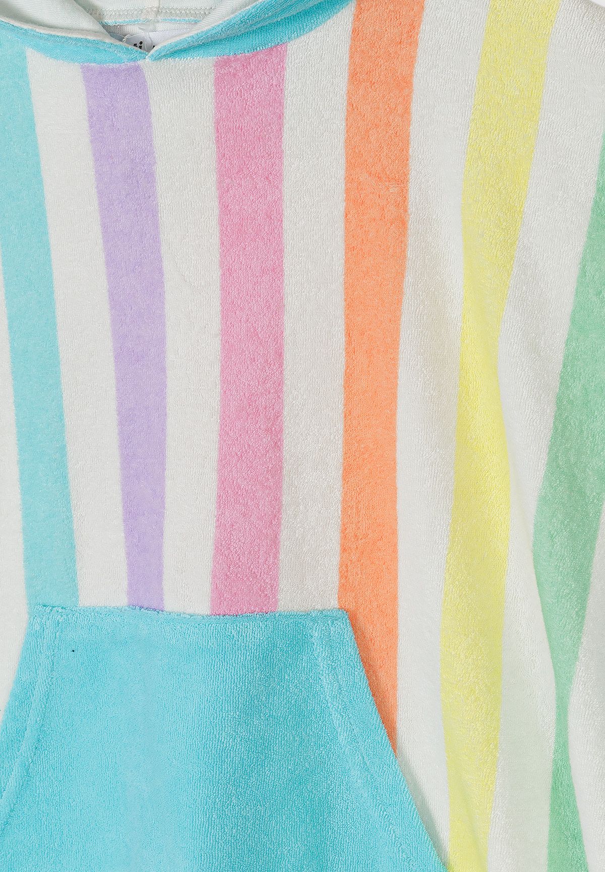 Close-up of towel poncho's turquoise kangaroo pocket and pastel striped terry fabric.
