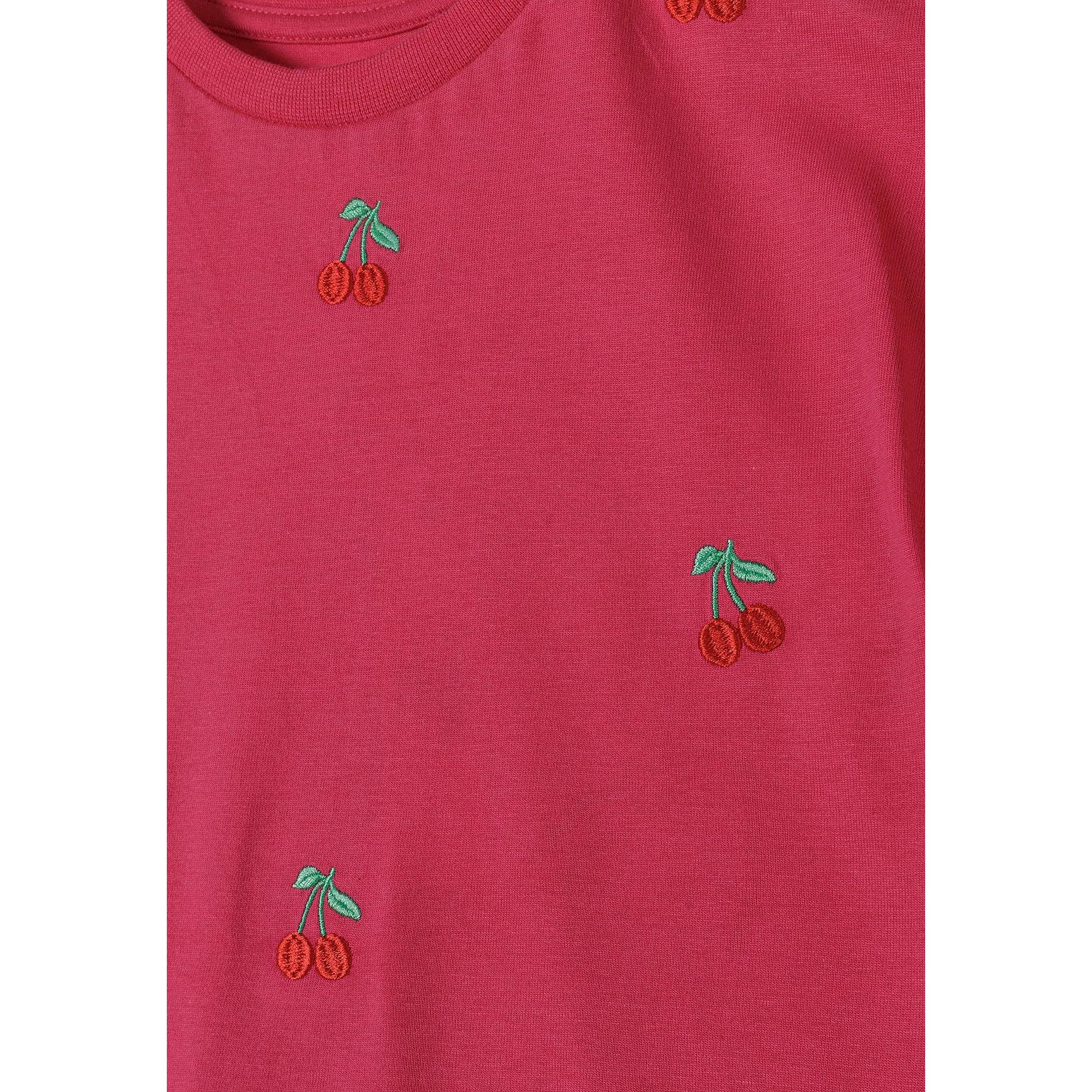 Close-up detail shot of pink fabric showing individual cherry embroidery motifs with green stems and red cherries
