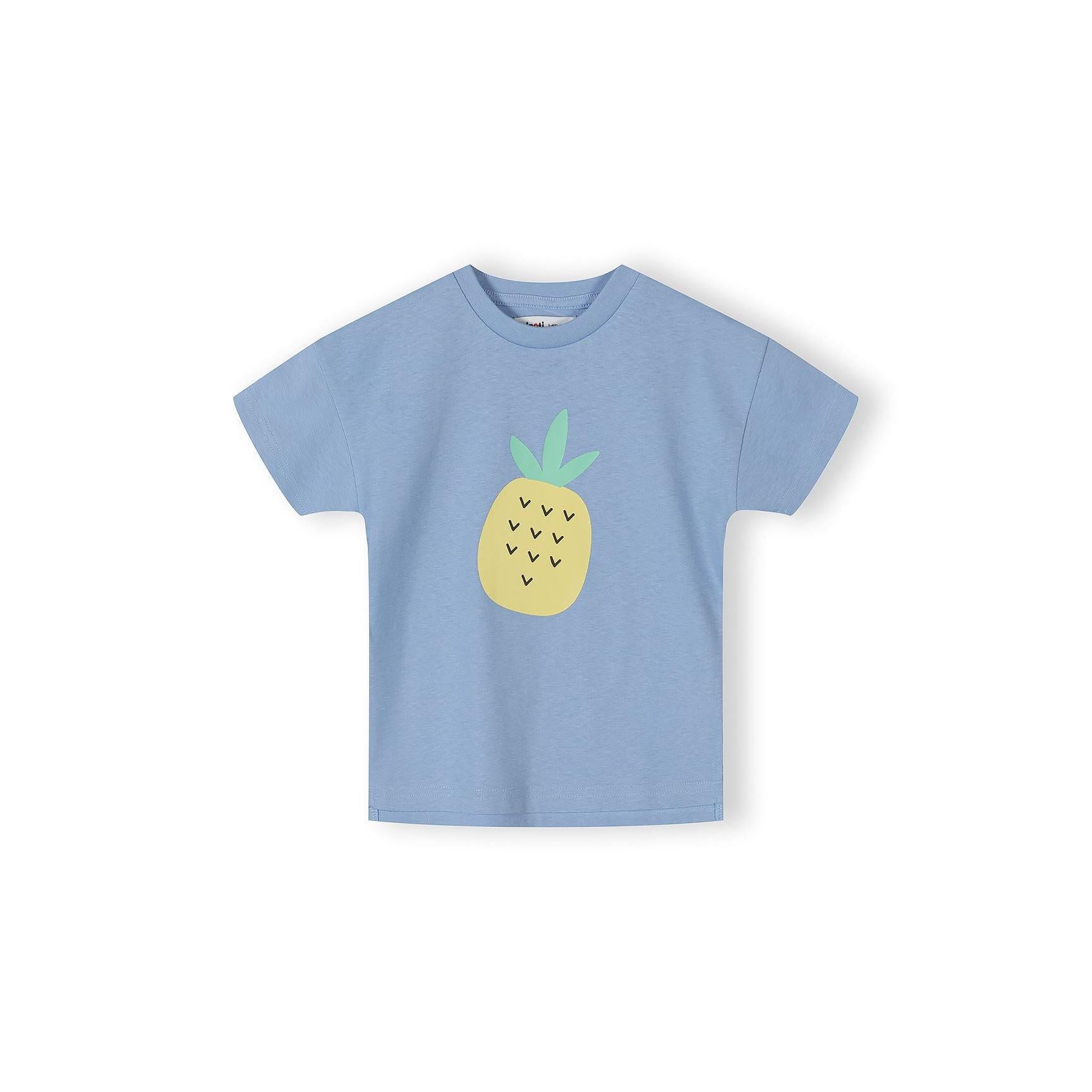 Close-up detail of apricot t-shirt showing Minoti label and Hello Sweet text with strawberry graphic design featuring colourful letters