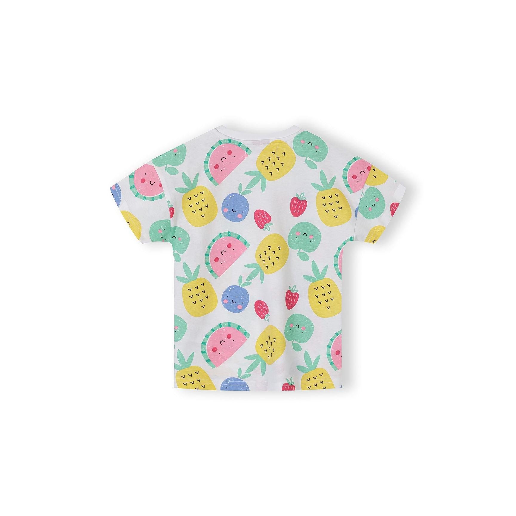 Close-up detail of apricot t-shirt showing Minoti label and Hello Sweet text with strawberry graphic design featuring colourful letters