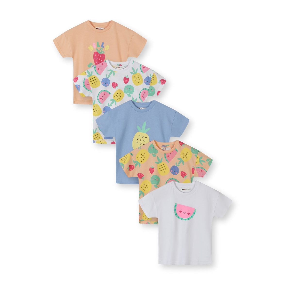 Girls' graphic t-shirts 5-pack in peach, white and blue — complete product view for square Shop card