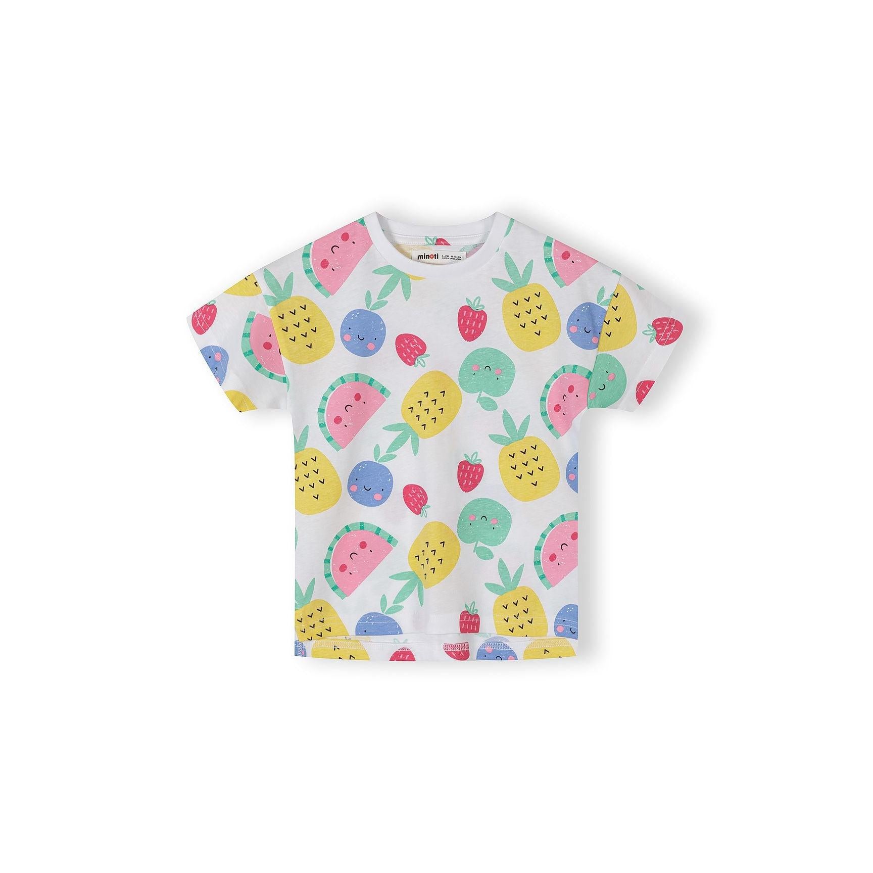 Close-up detail of apricot t-shirt showing Minoti label and Hello Sweet text with strawberry graphic design featuring colourful letters