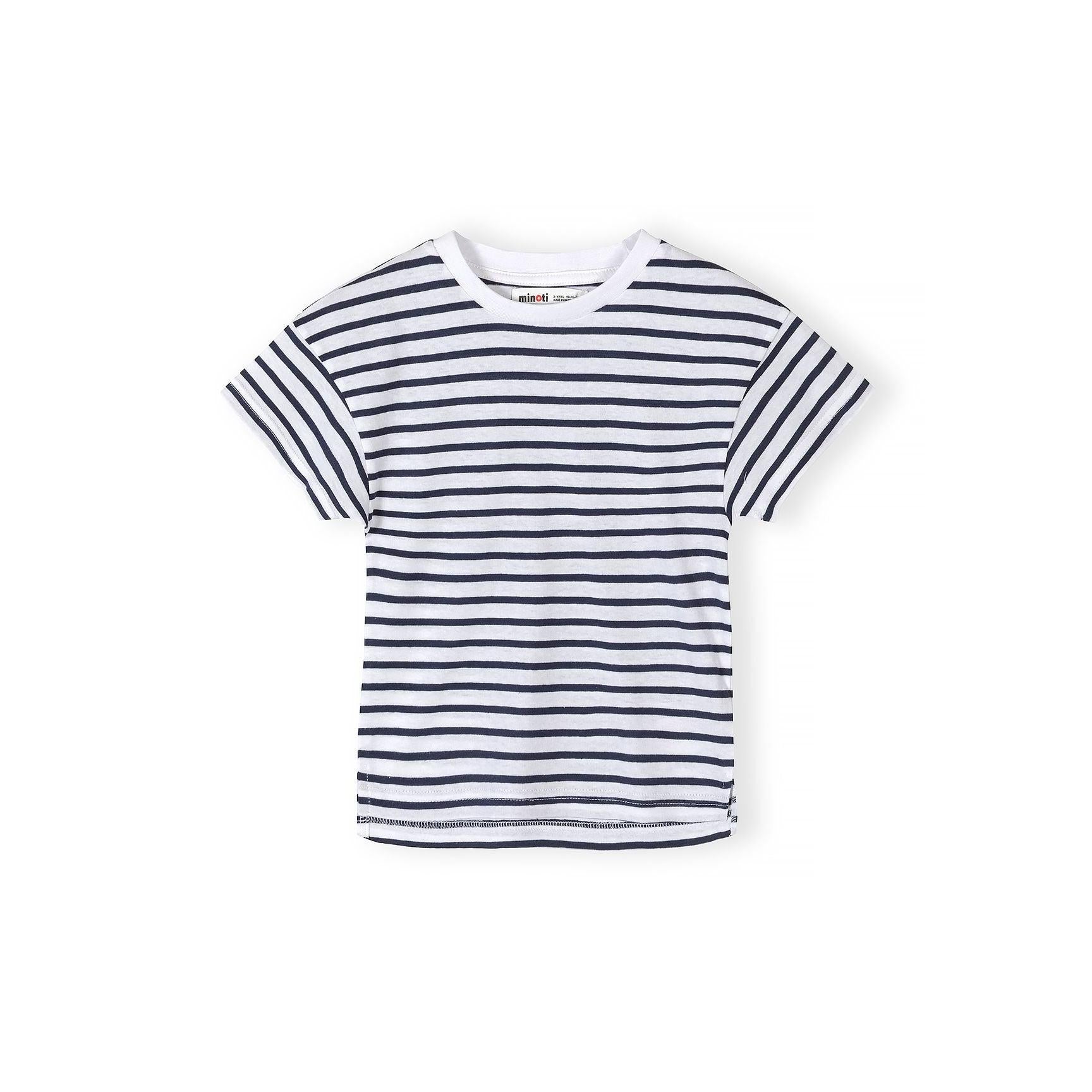Close-up of navy and white striped t-shirt with Minoti label visible at neckline, showing horizontal stripe pattern and crew neck collar detail