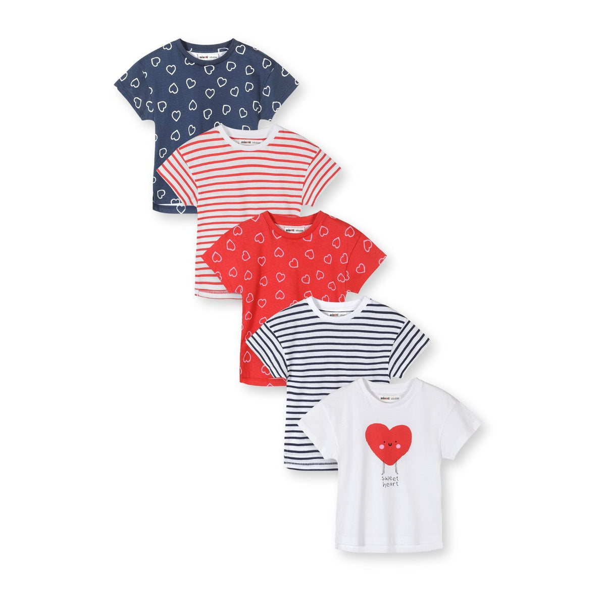Girls' printed t-shirts 5-pack in navy, red and white — complete product view for square Shop card
