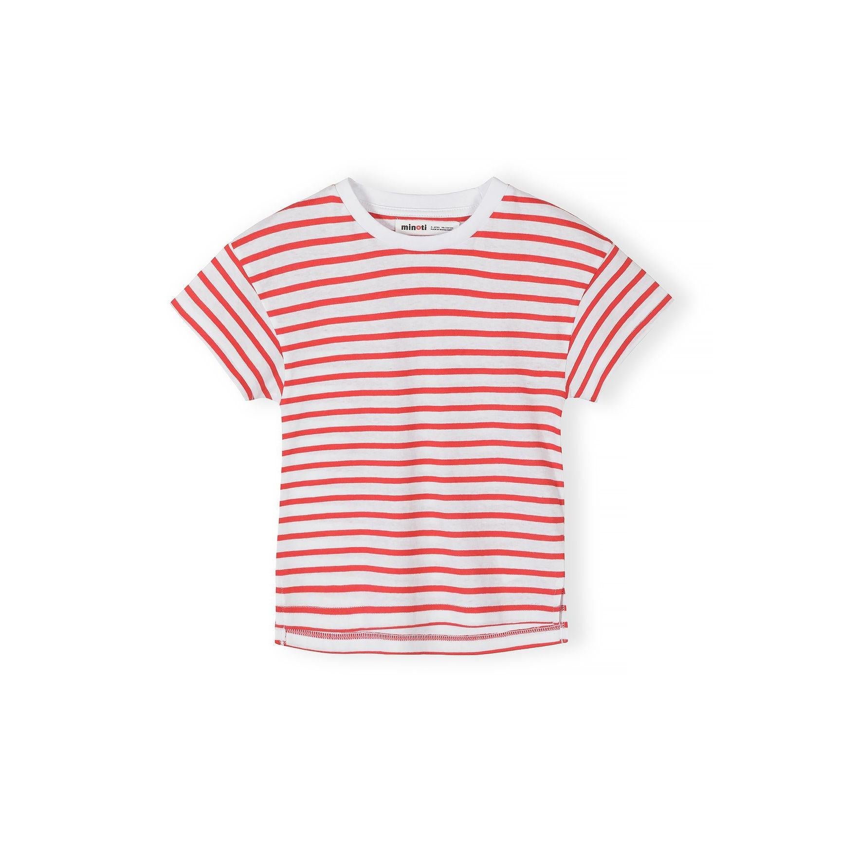 Detail shot of coral red t-shirt featuring white heart outline pattern scattered across the fabric with Minoti label at neckline