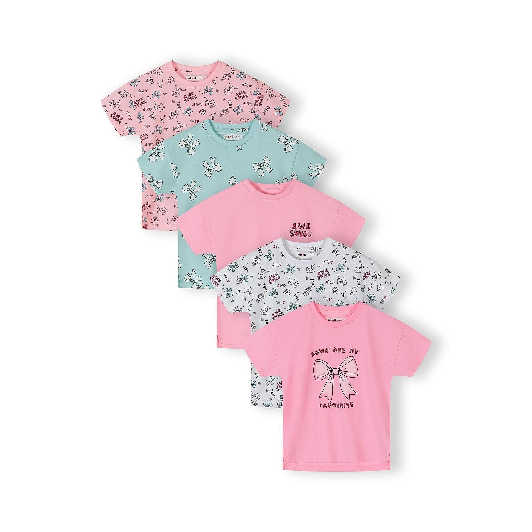 Five cotton t-shirts arranged in overlapping fan layout showing bow print designs in pink, mint green, and white colors with text prints including 'AWESOME' and 'BOWS ARE MY FAVOURITE' on white background