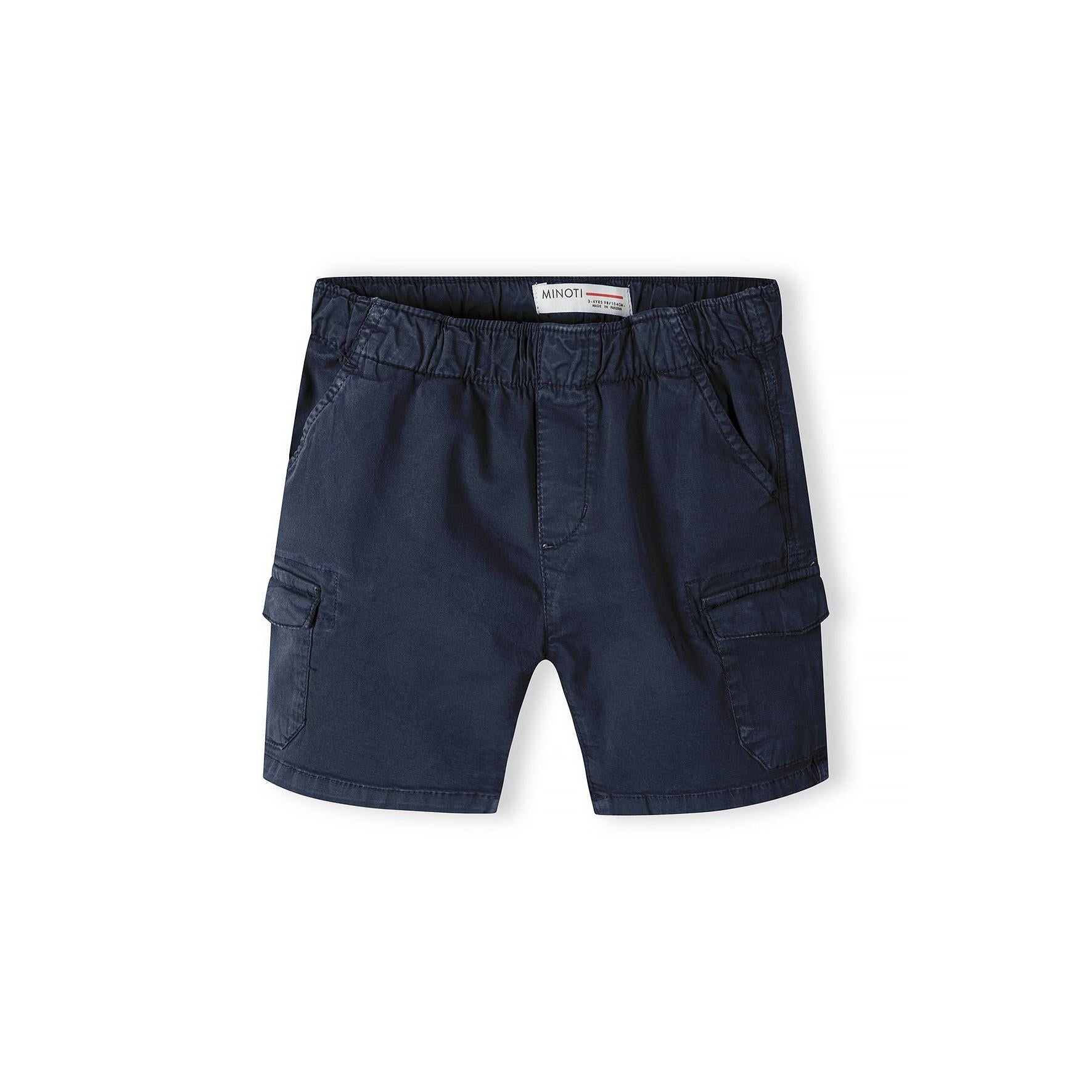 Back view of navy combat shorts showing elasticated waistband, rear pockets and cargo pocket details with Minoti brand label visible