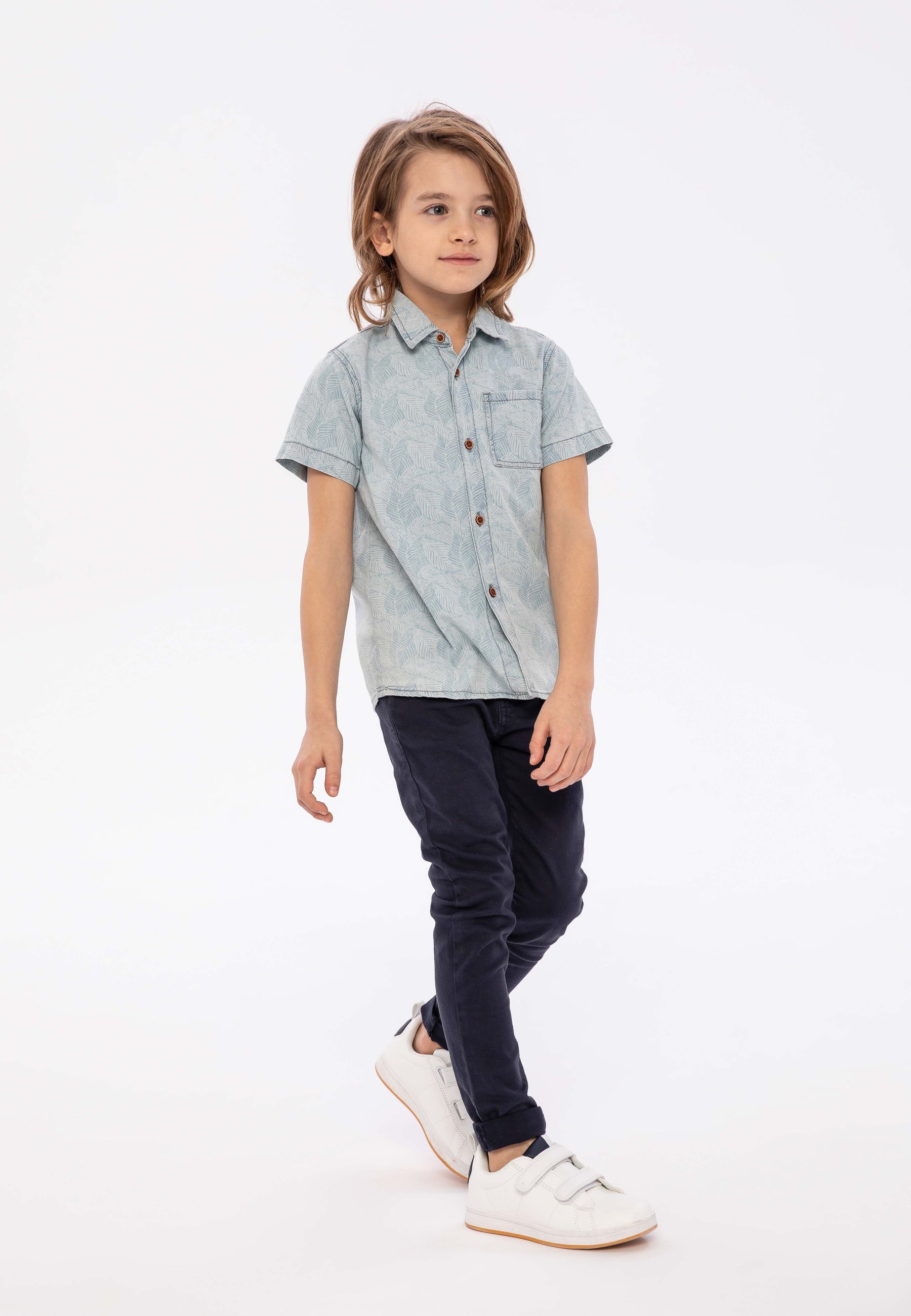 Short Sleeve Denim Shirt, Light Blue Bleached - 1