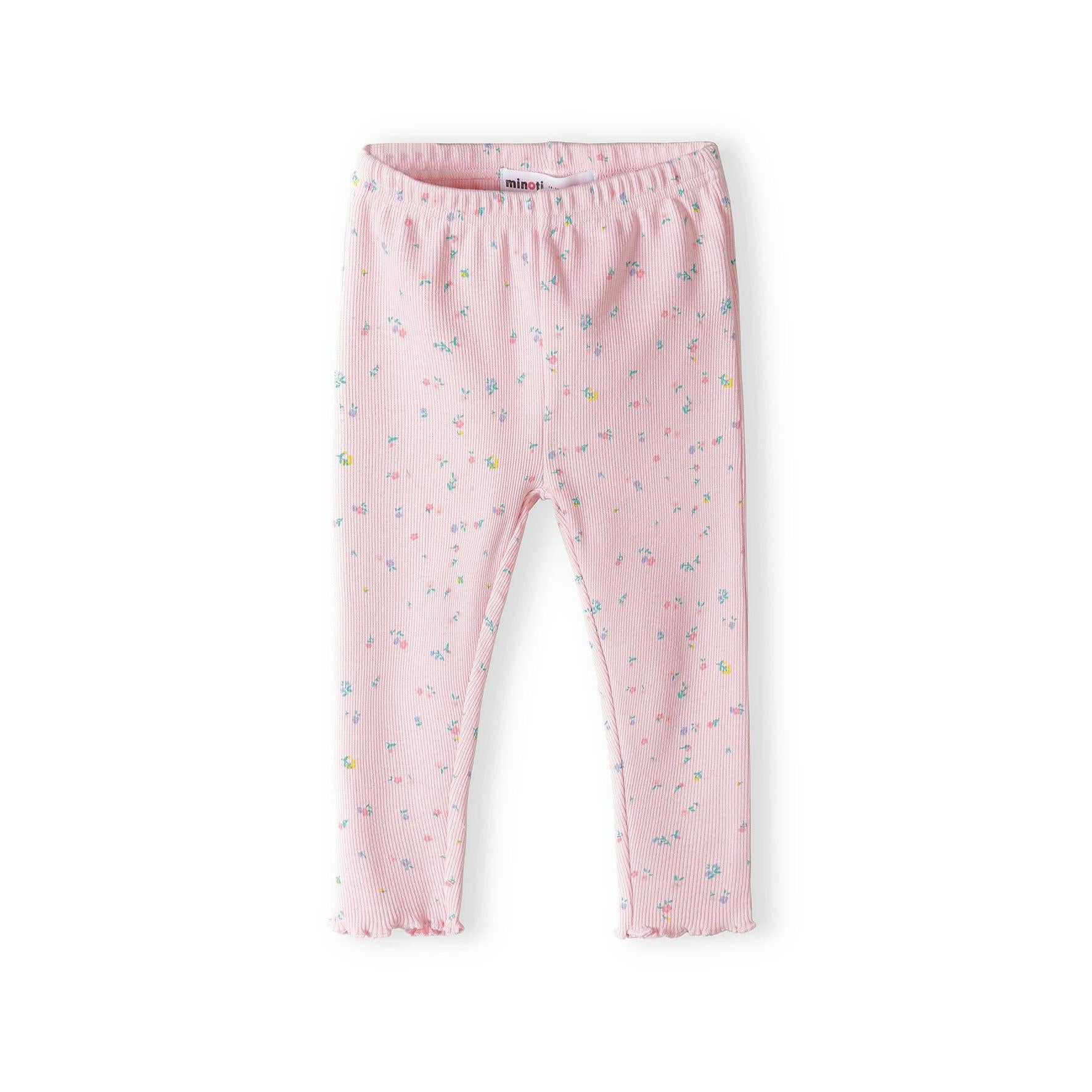 Pink ribbed leggings with scattered small multicoloured print pattern shown flat against white background