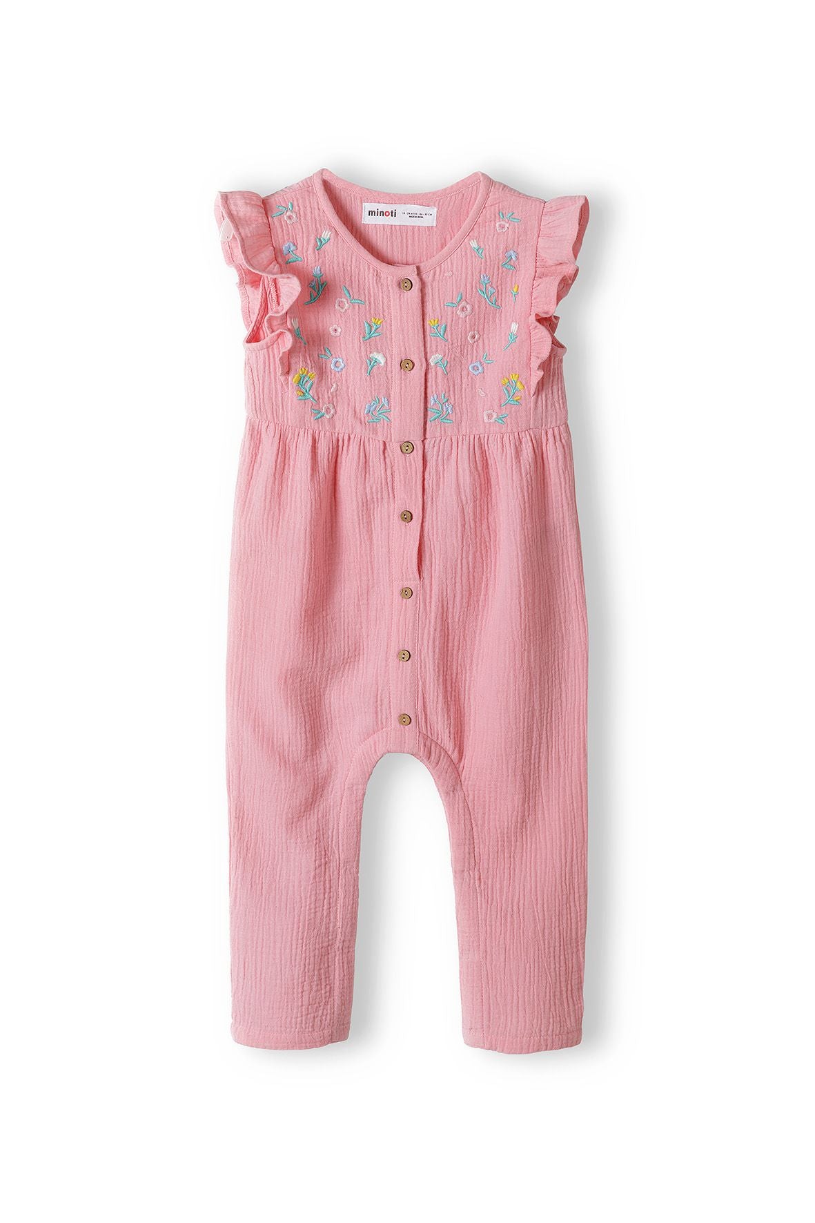 Embroidered Floral Jumpsuit, Pink, Frill Sleeve - 1