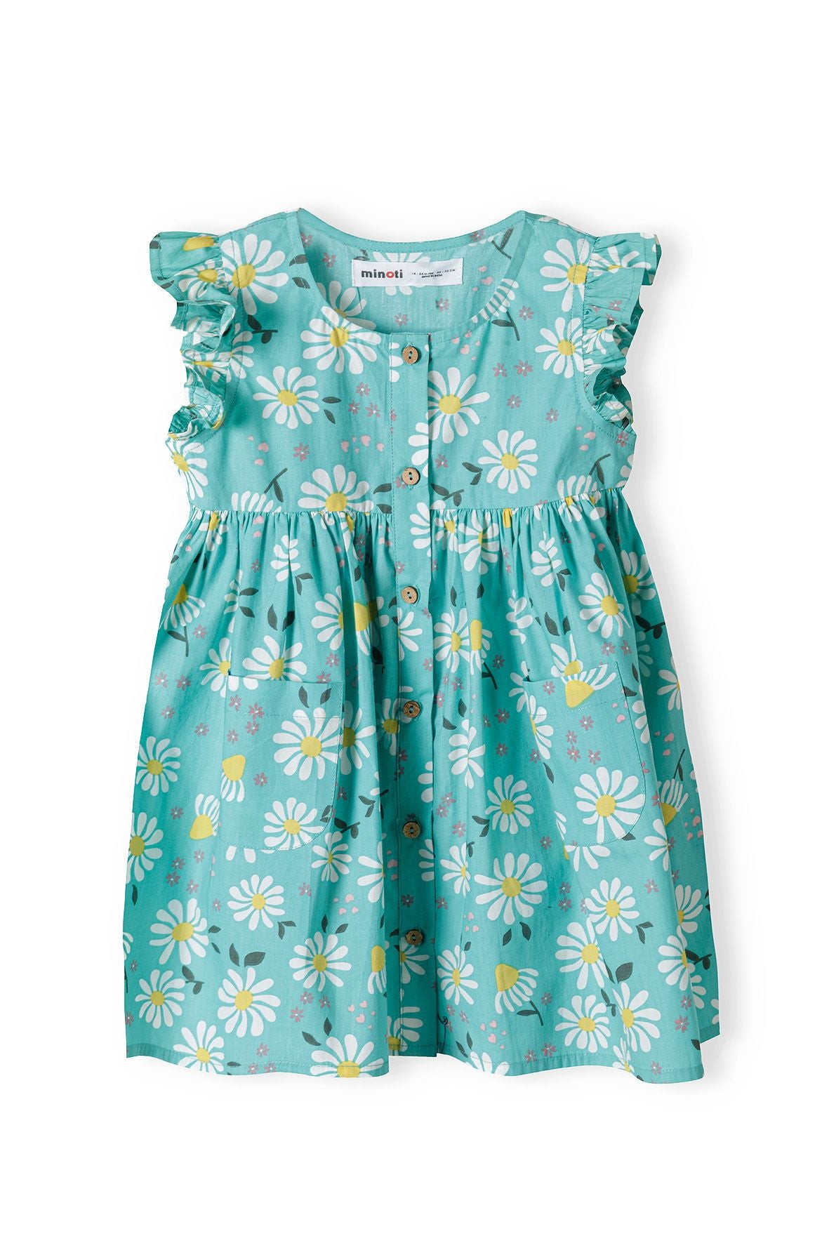 Frilled Sleeve Dress, Turquoise Daisy Print - 2