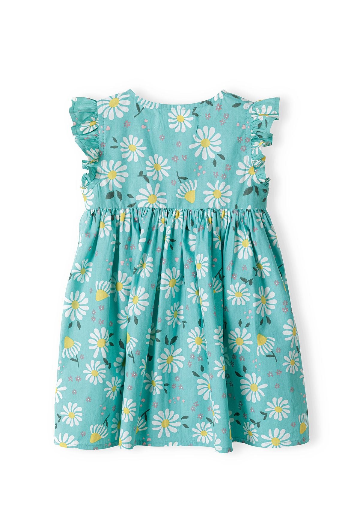 Frilled Sleeve Dress, Turquoise Daisy Print - 3