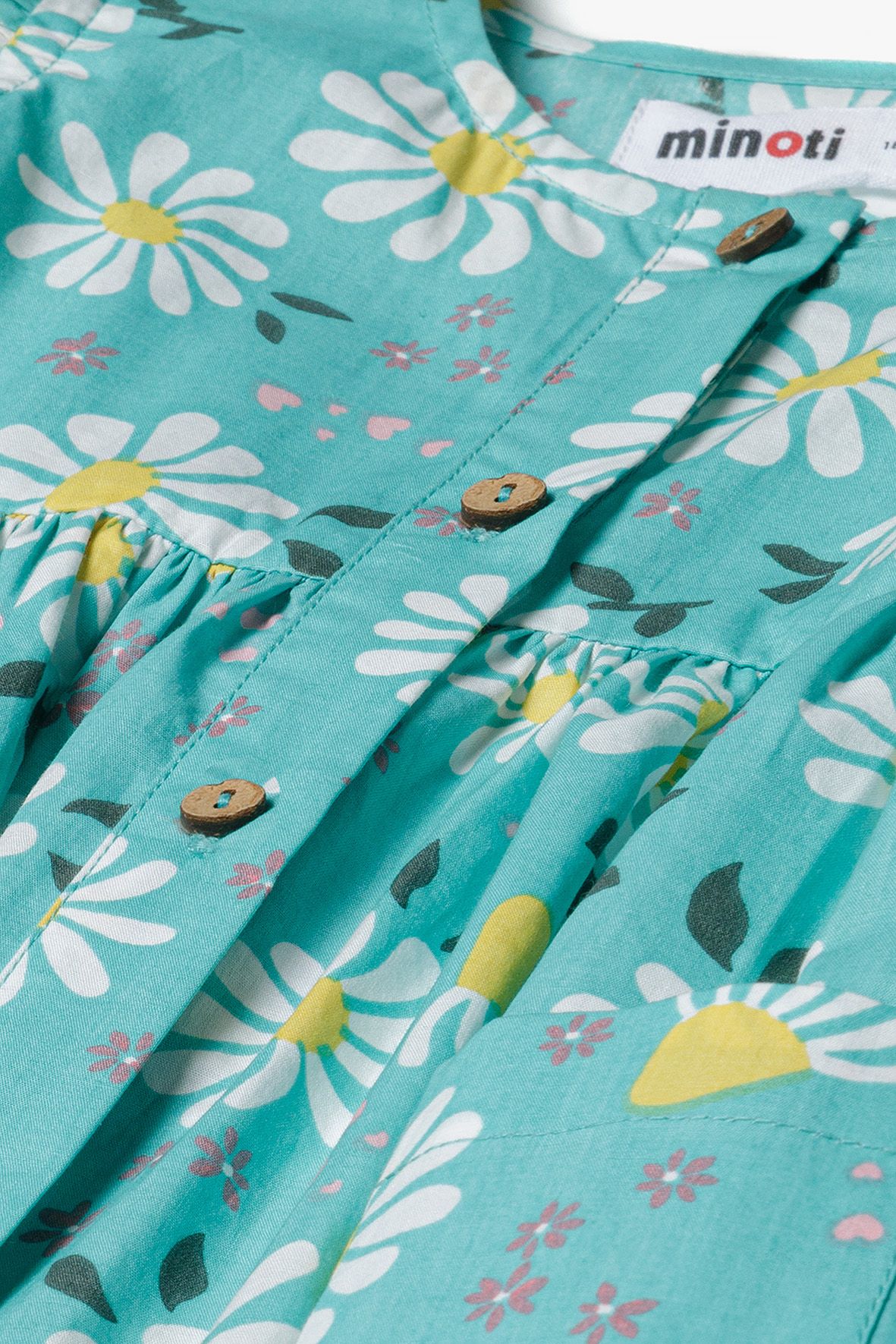 Frilled Sleeve Dress, Turquoise Daisy Print - 4