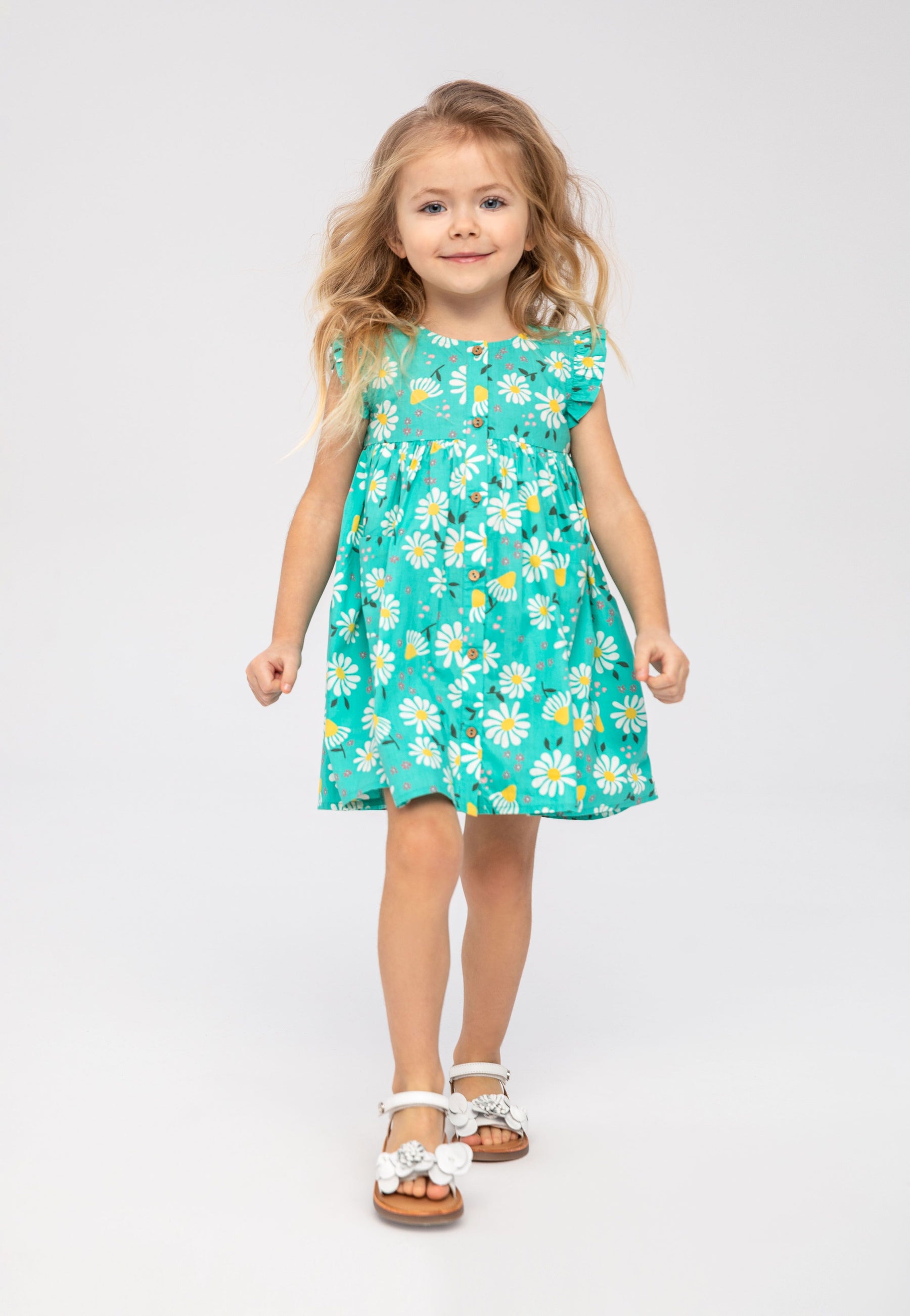 Frilled Sleeve Dress, Turquoise Daisy Print - 1