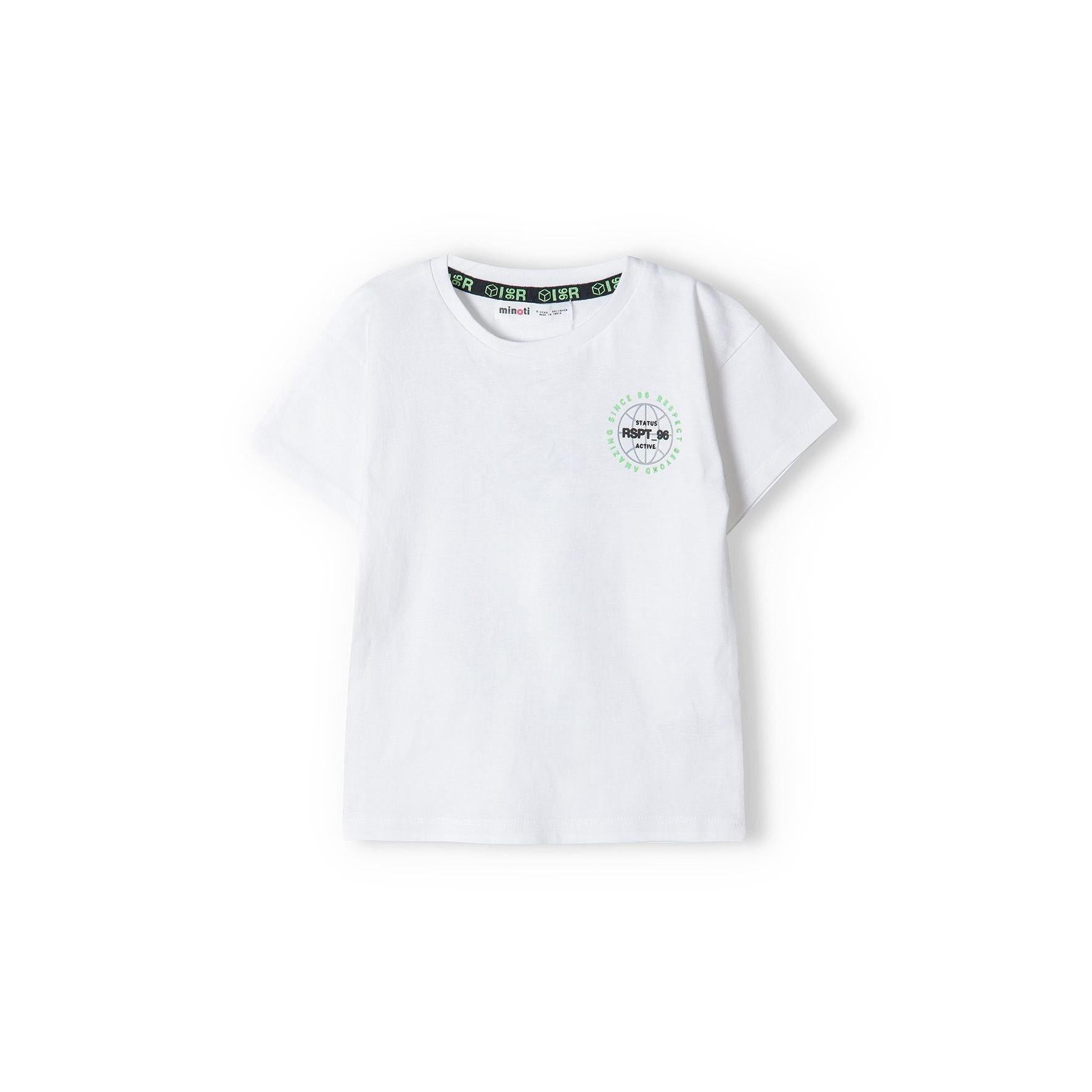 Back view of white t-shirt showing large basketball court photographic print with 'PLAY TO THE LIMITS' text in green