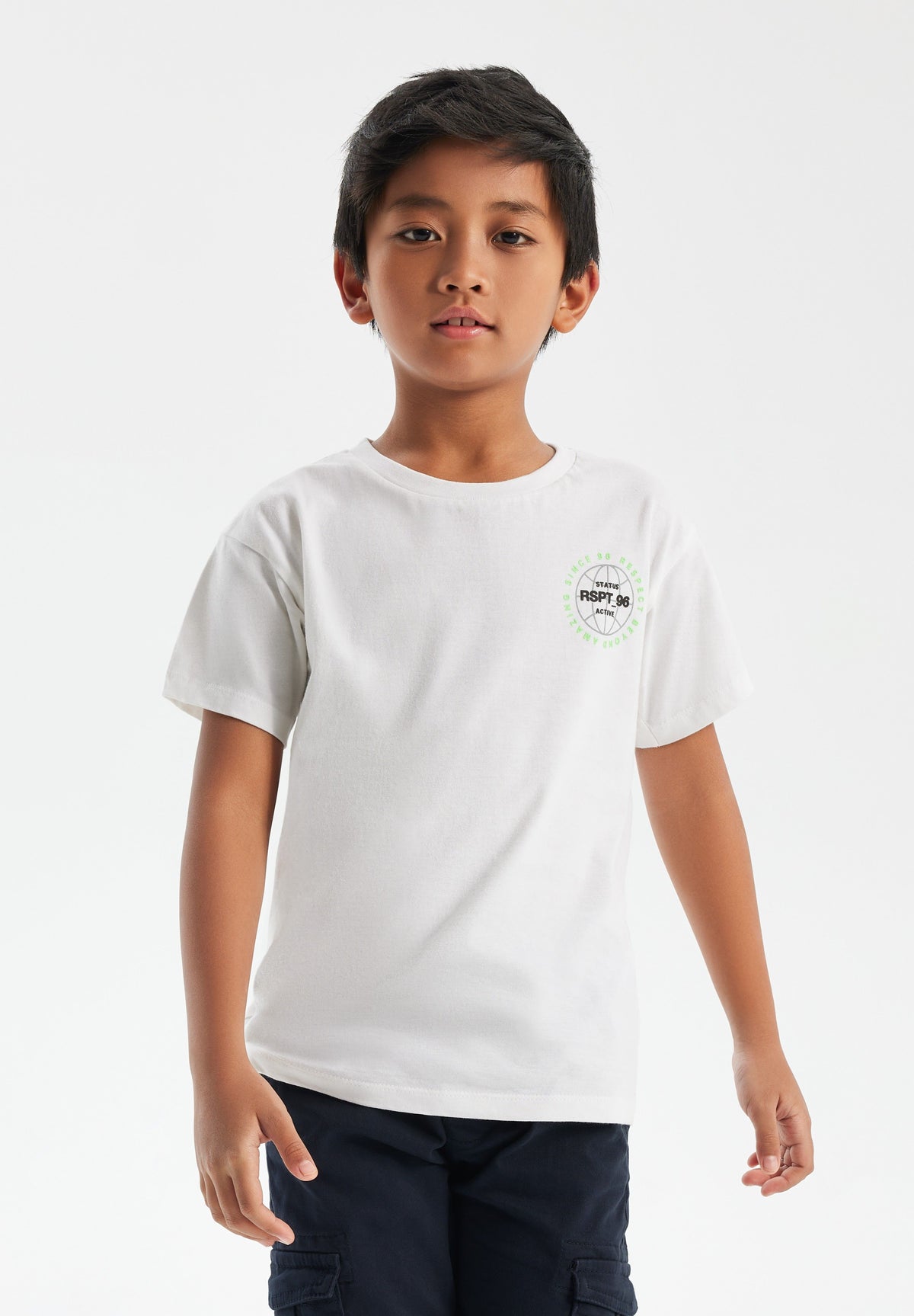 White graphic t-shirt, model front.