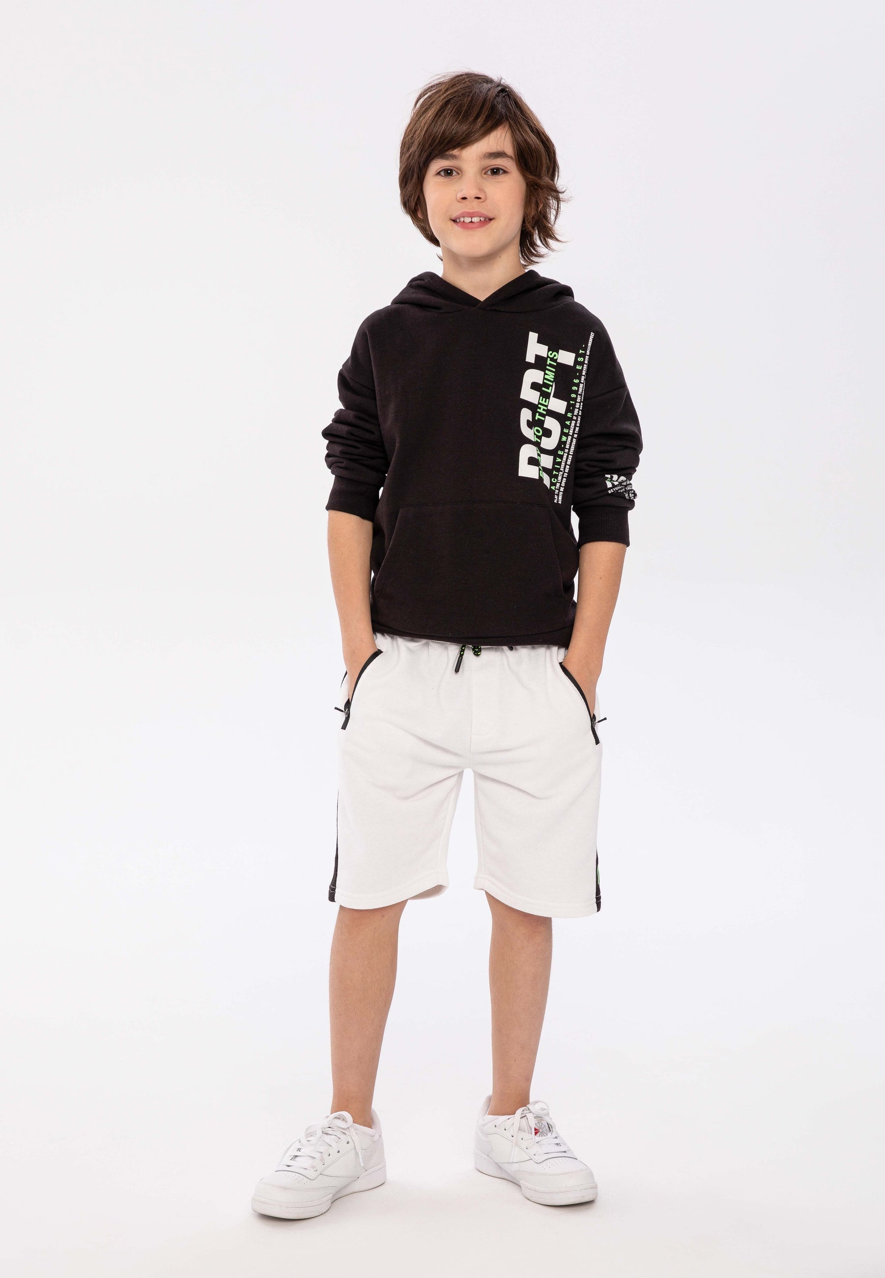 Fleece Hoodie, Black, Branded Print - 1