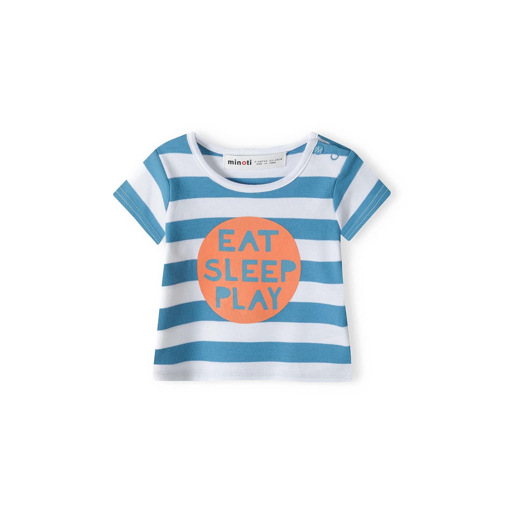 Back view of striped baby t-shirt showing turquoise and white horizontal stripes and short sleeves against white background
