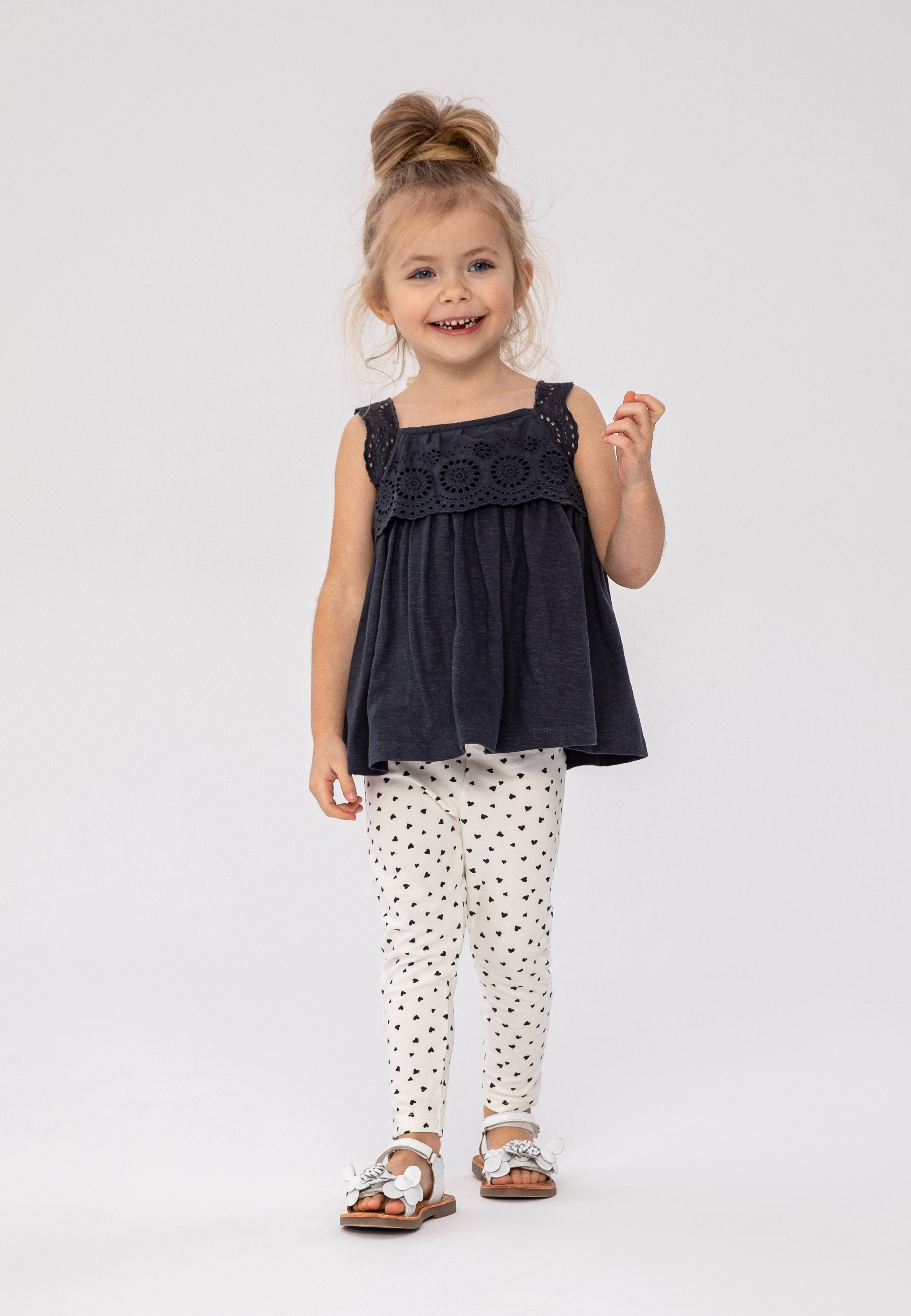 Broderie Top & Heart Leggings Set, Navy Cream - 1