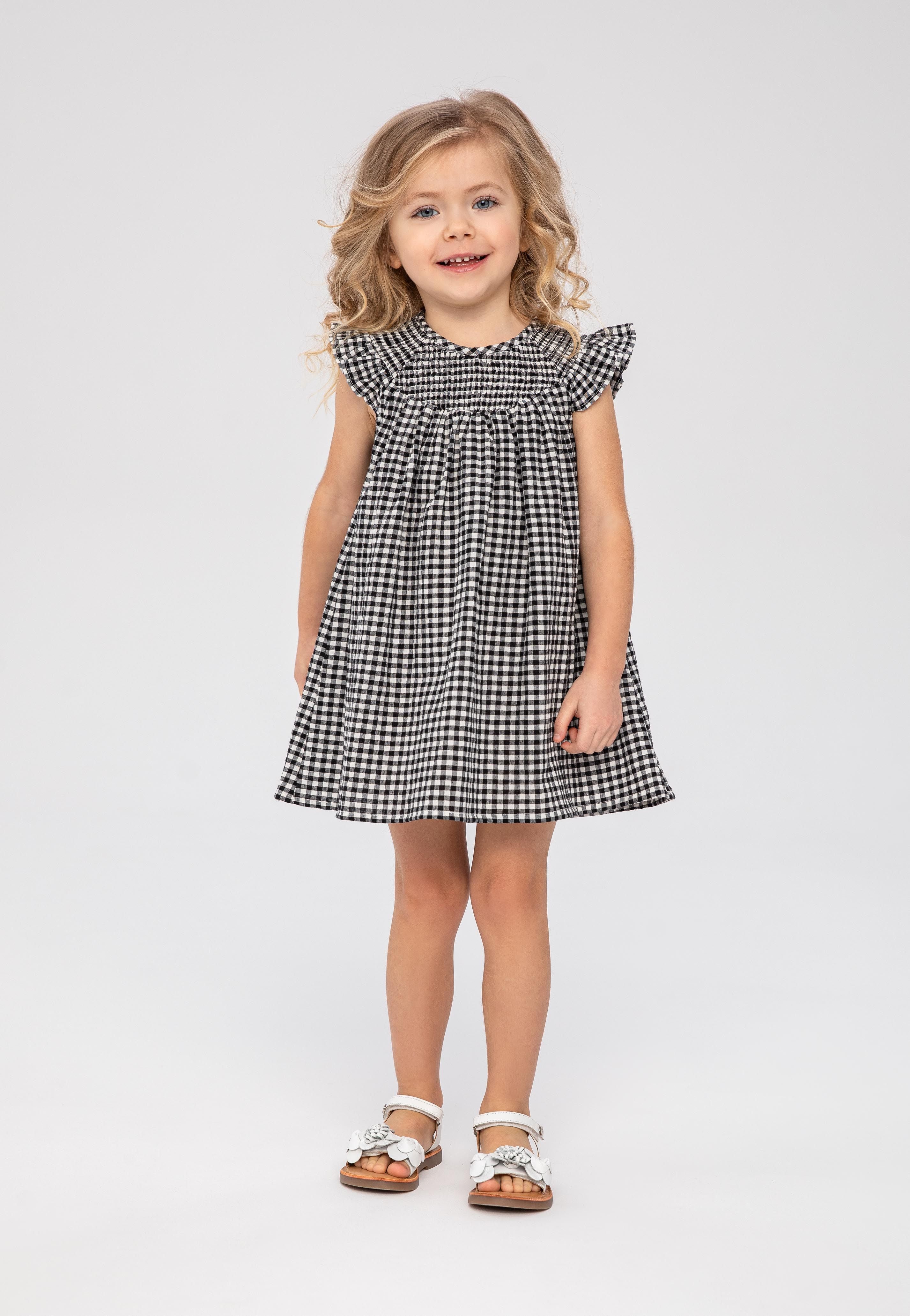 Smock Dress Frill Sleeve, Grey Gingham - 1