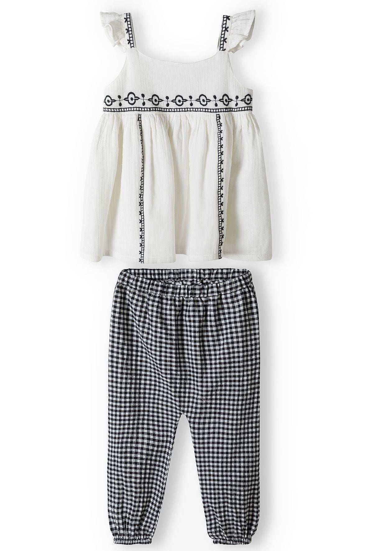 Embroidered Top & Gingham Trousers Set, Cream Black - 2