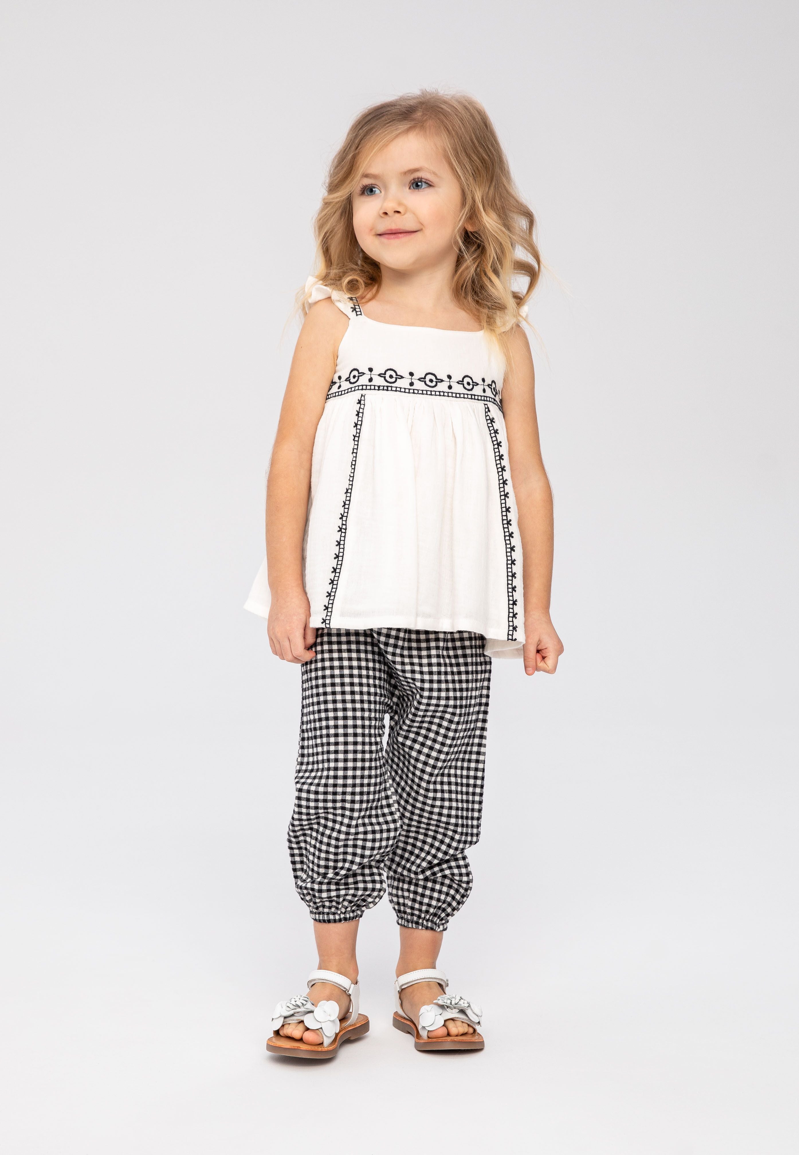 Embroidered Top & Gingham Trousers Set, Cream Black - 1