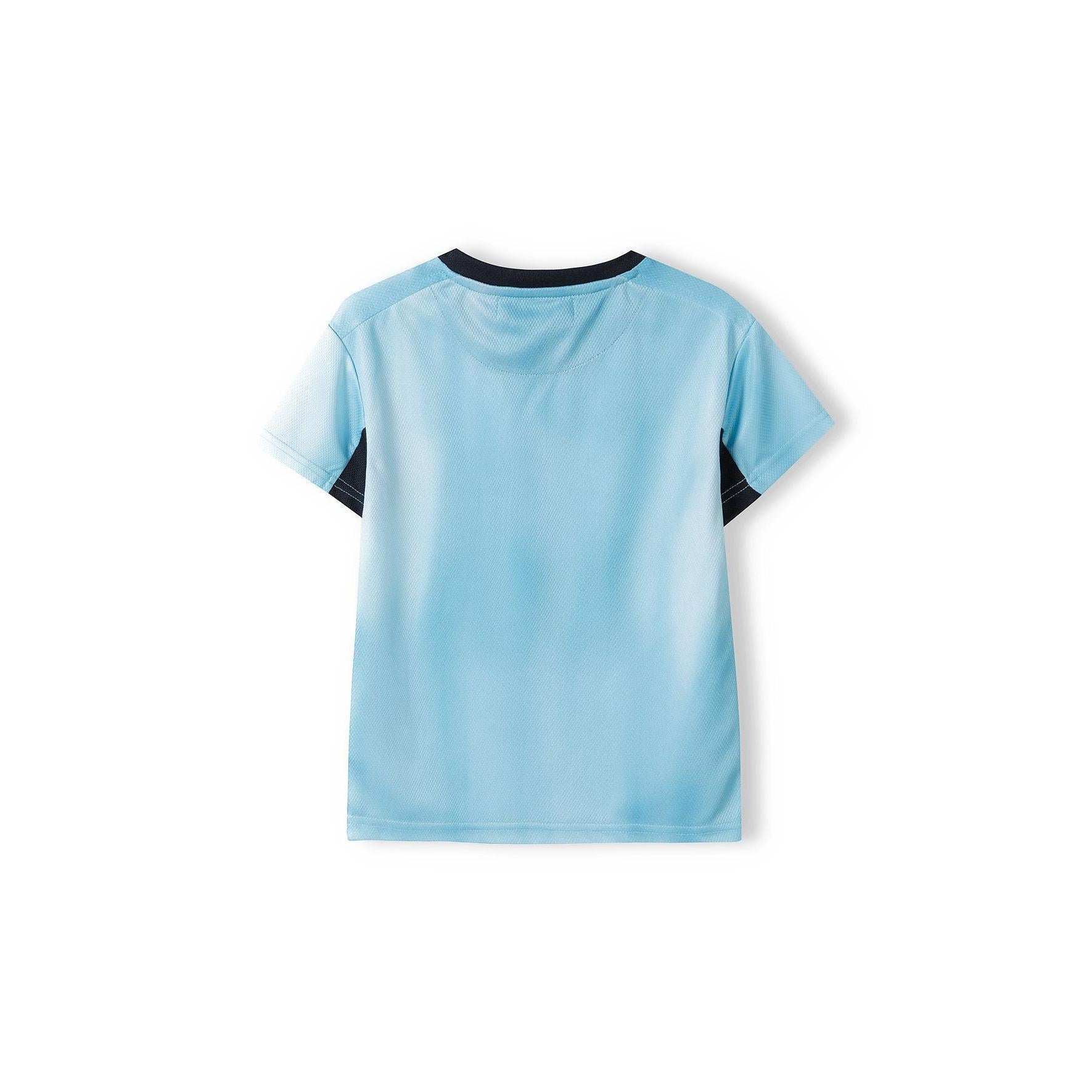 Back view of mint green sports mesh t-shirt showing plain rear design with navy contrast trim at neck and sleeves against white background
