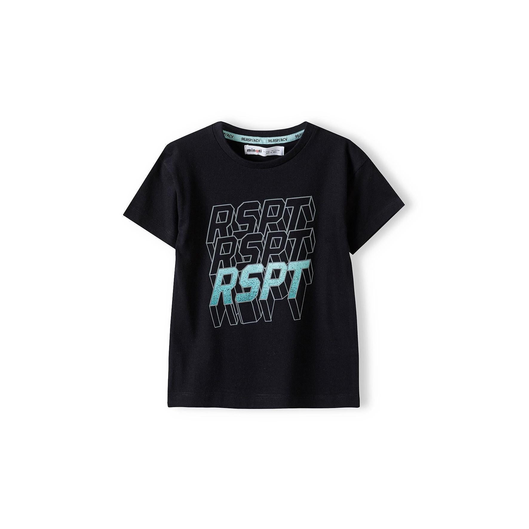 Front view of black crew neck t-shirt with bold RSPT graphic print in grey and turquoise letters on white background