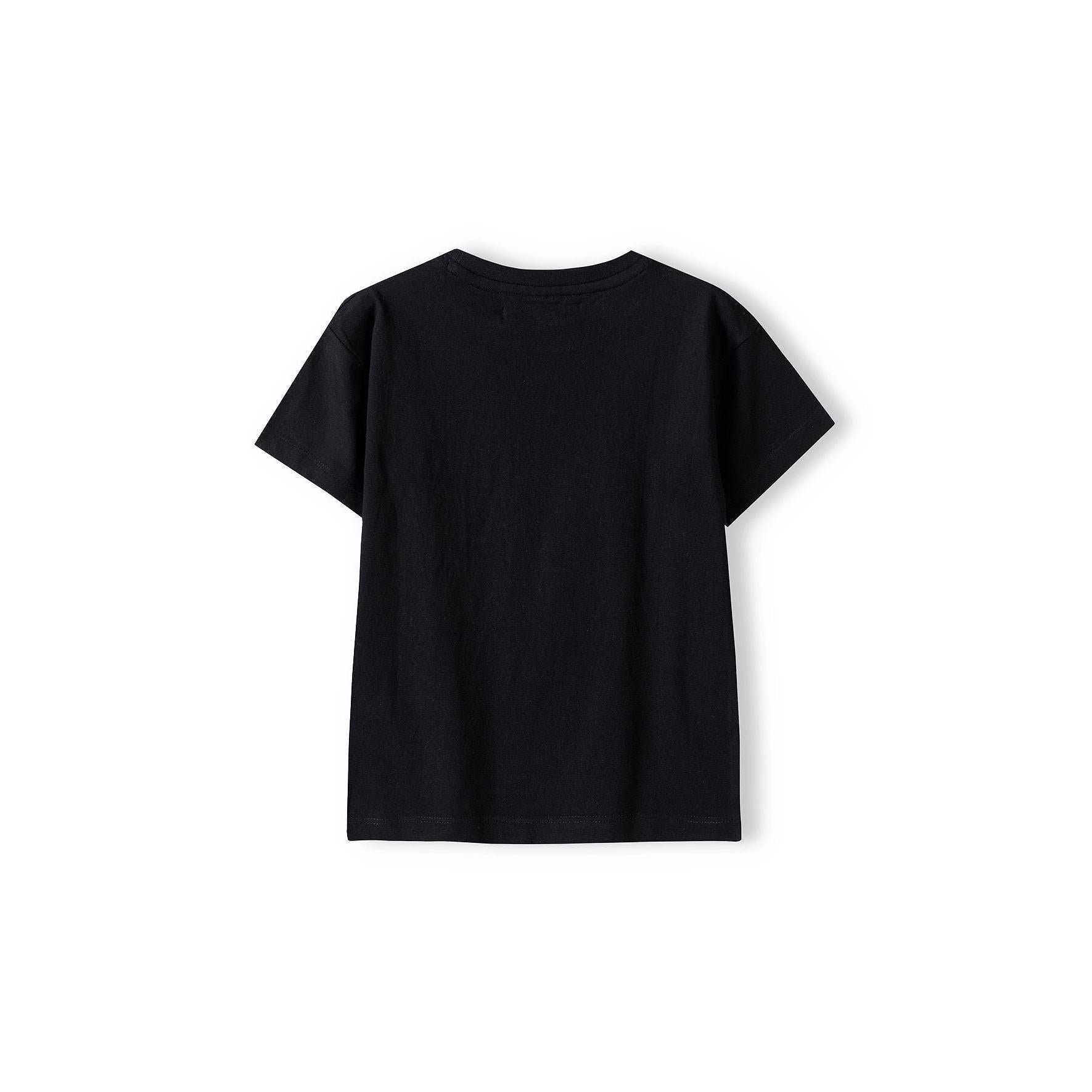 Back view of plain black t-shirt showing crew neckline and short sleeve construction on white background