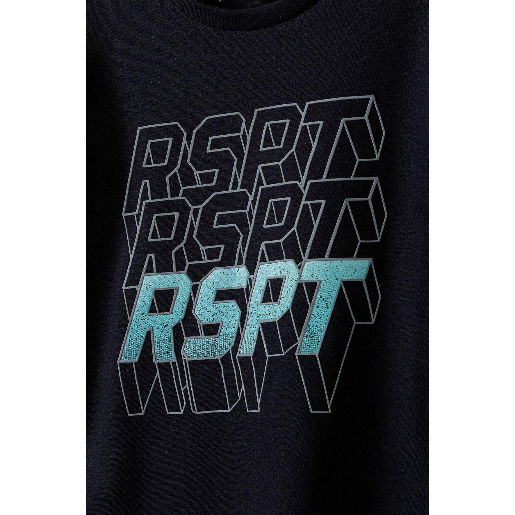 Close-up detail of RSPT graphic print showing 3D effect lettering in grey outlines with turquoise fill on black fabric