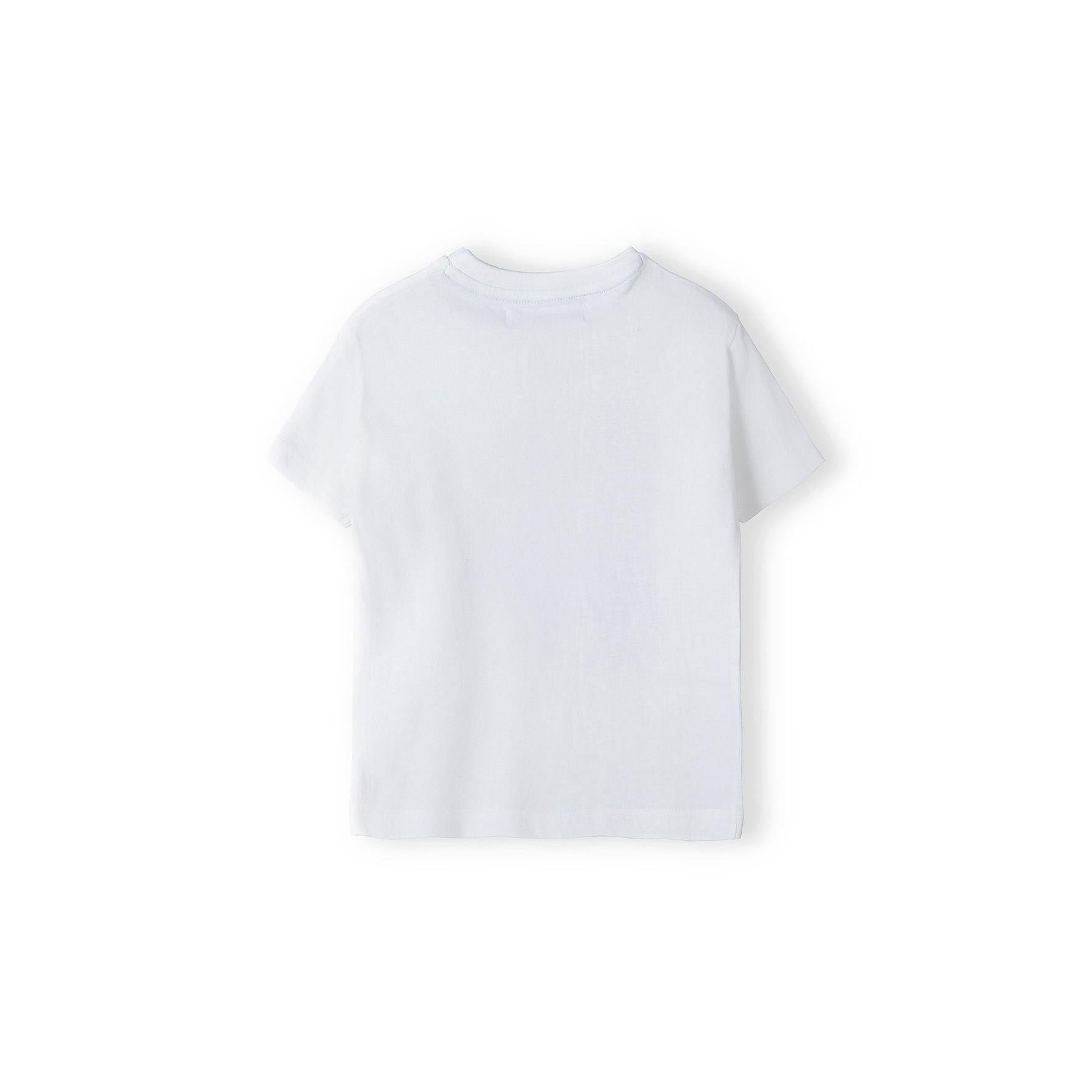 Back view of white crew neck t-shirt showing plain design and relaxed fit against white background
