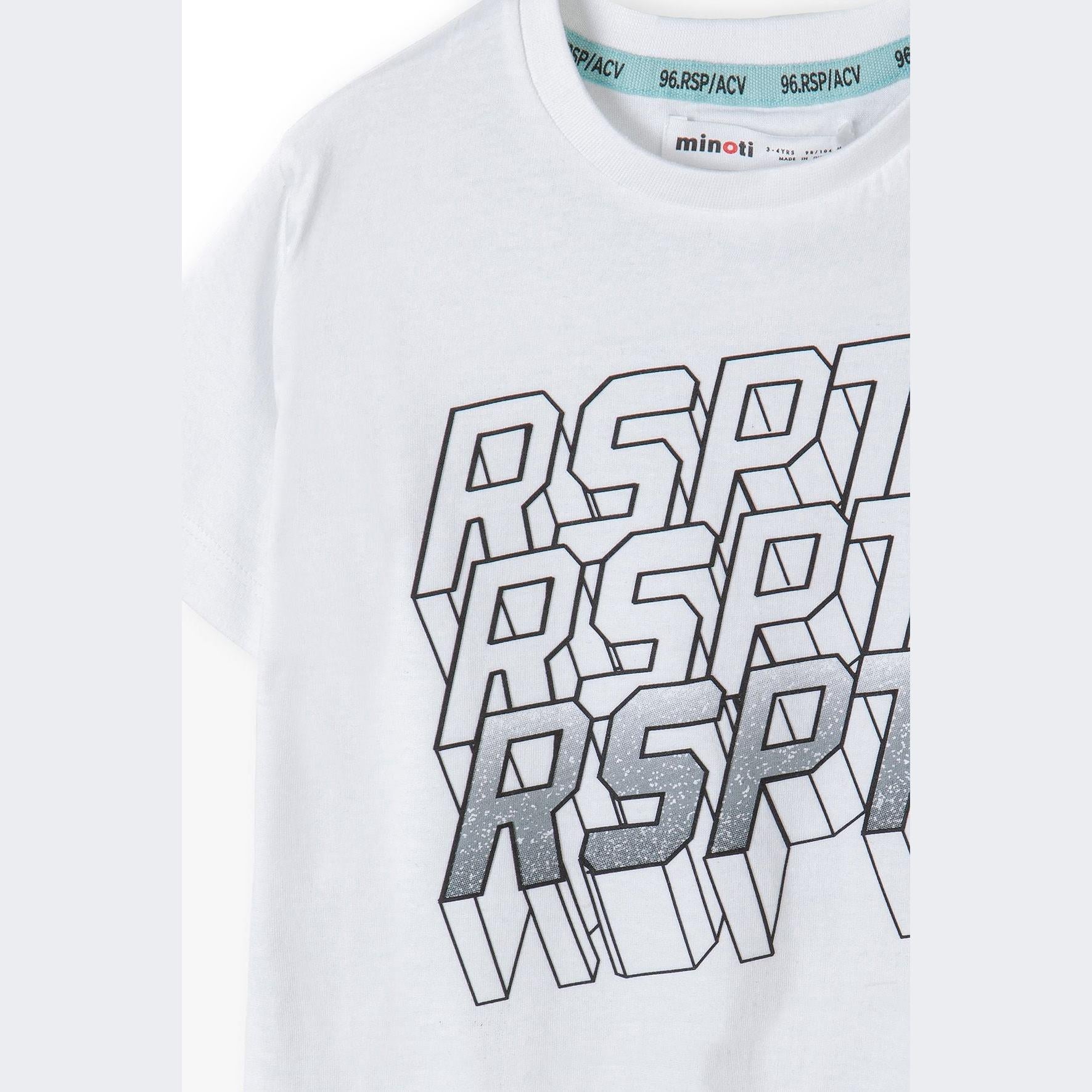 Close-up detail of white t-shirt showing RSRP graphic print design and crew neckline with brand label visible
