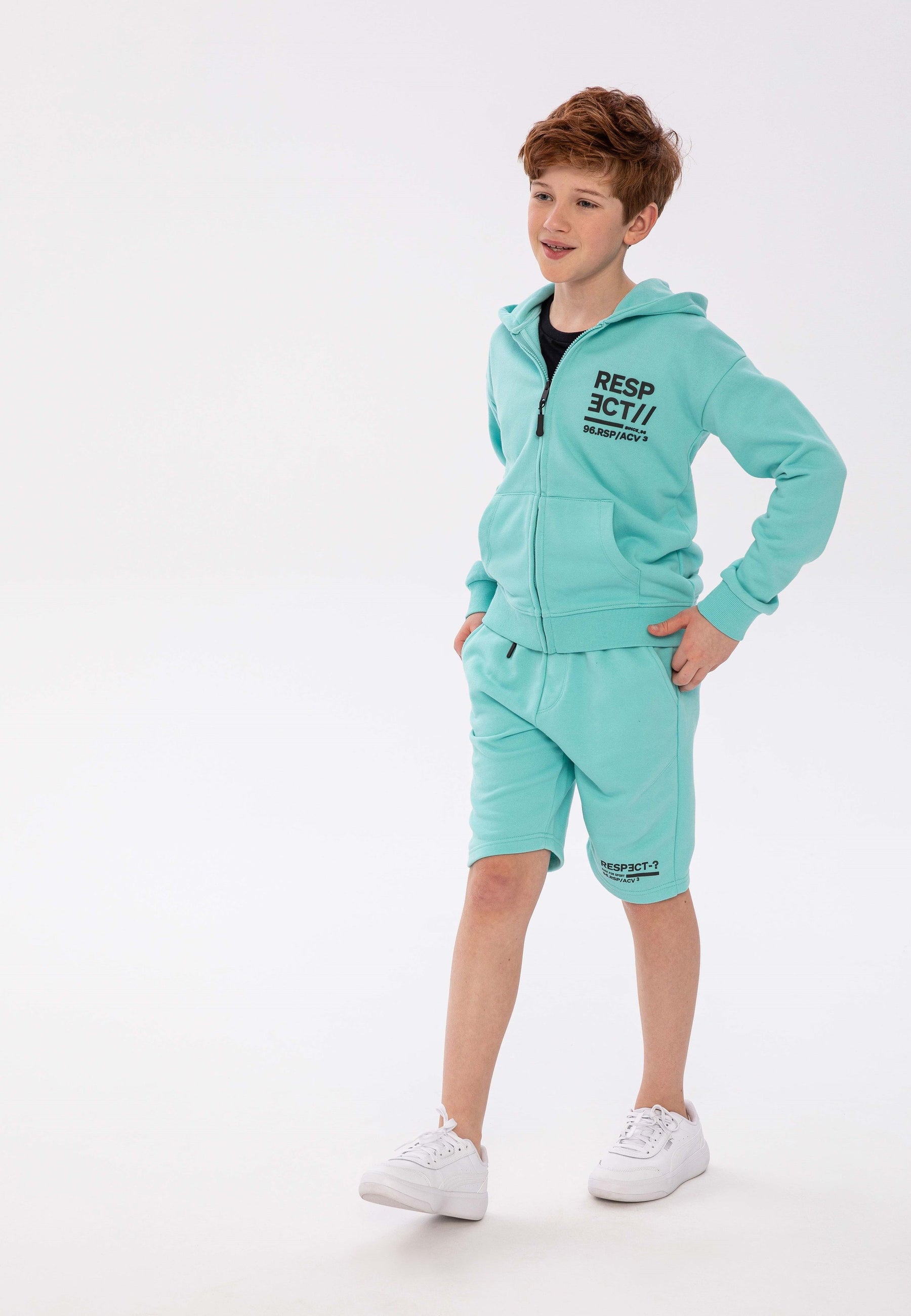 Fleece Shorts Turquoise Drawcord Zip Pockets - 1