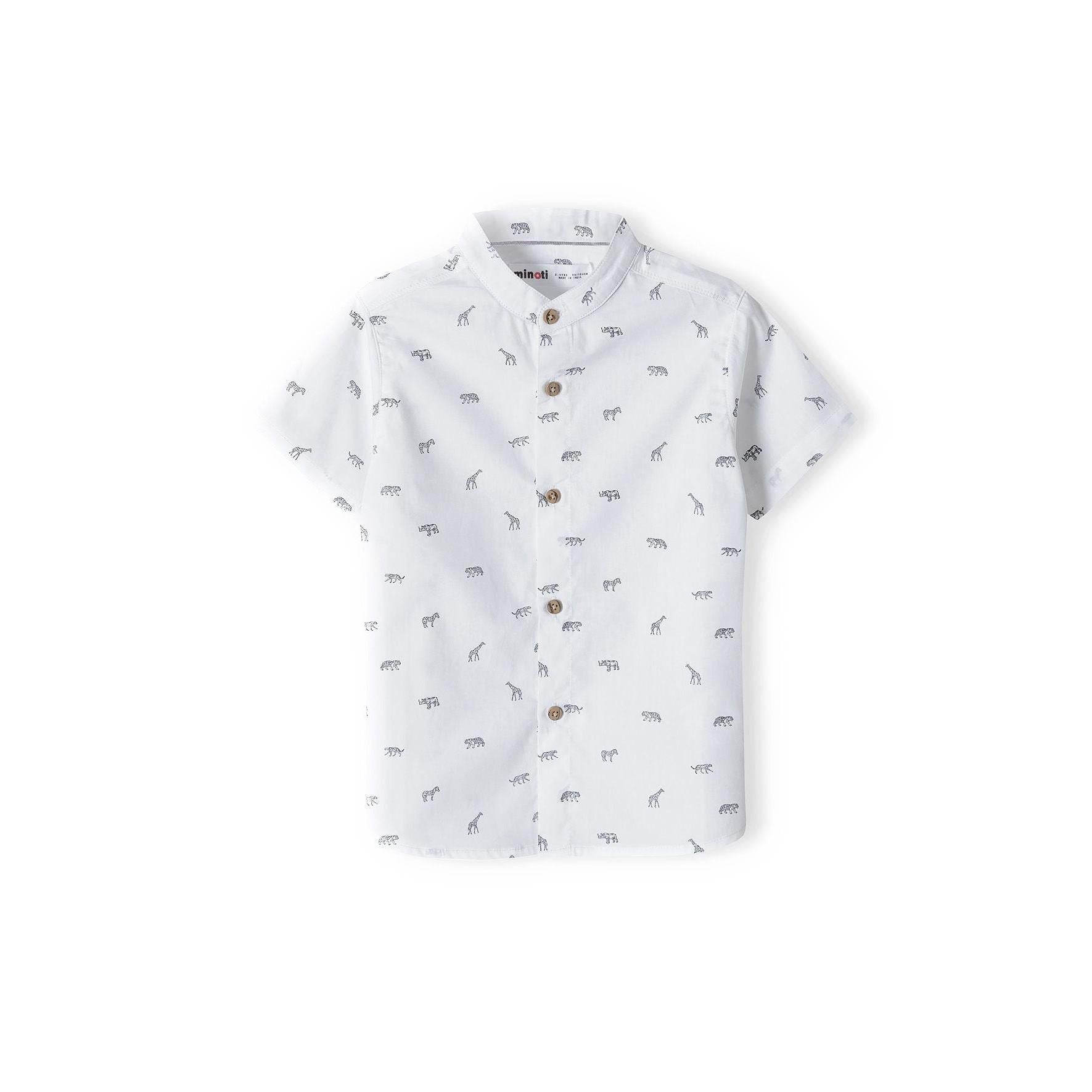 White poplin shirt with safari animal print on neutral background, front view showing button closure and collar