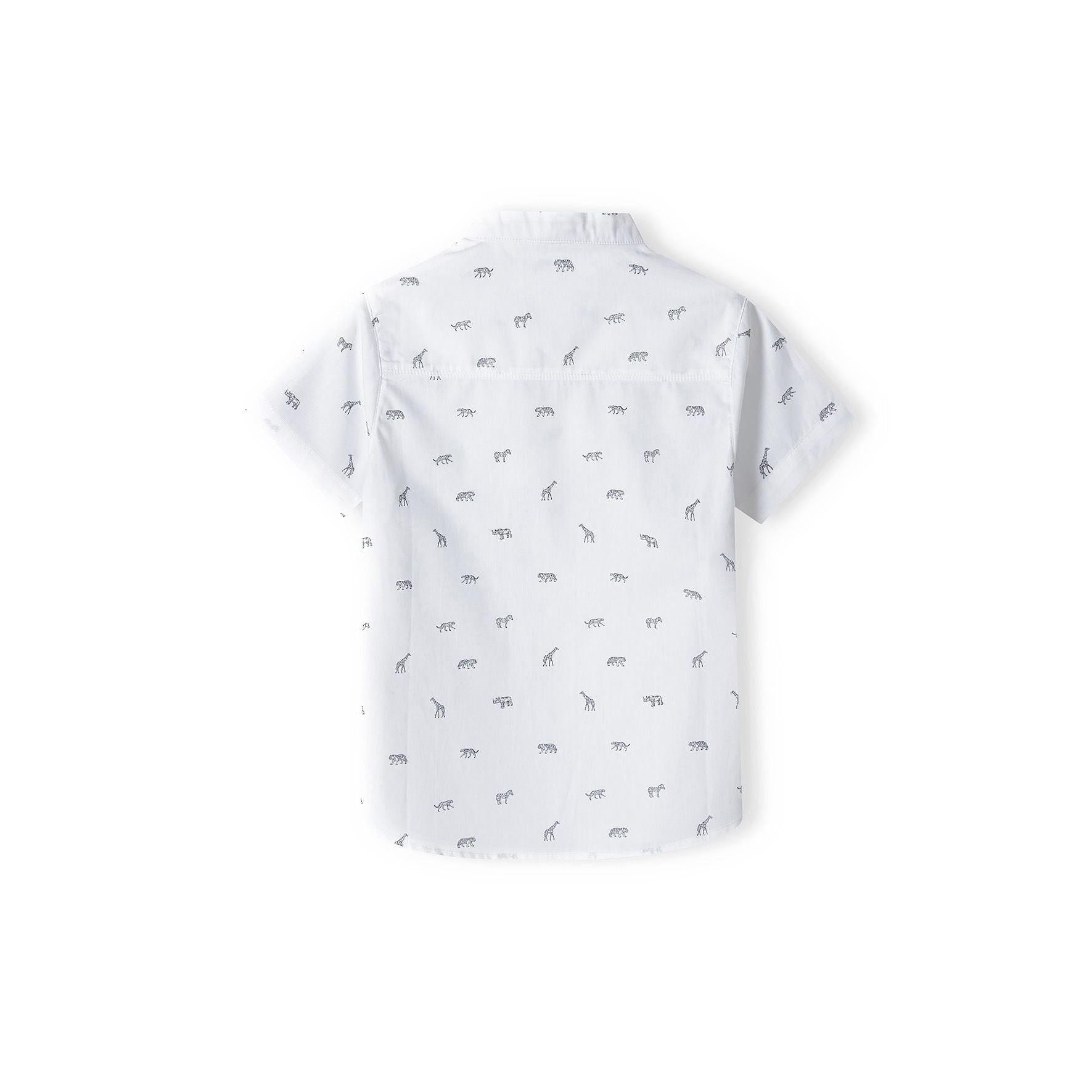 Back view of white safari print shirt showing full pattern distribution and relaxed fit silhouette