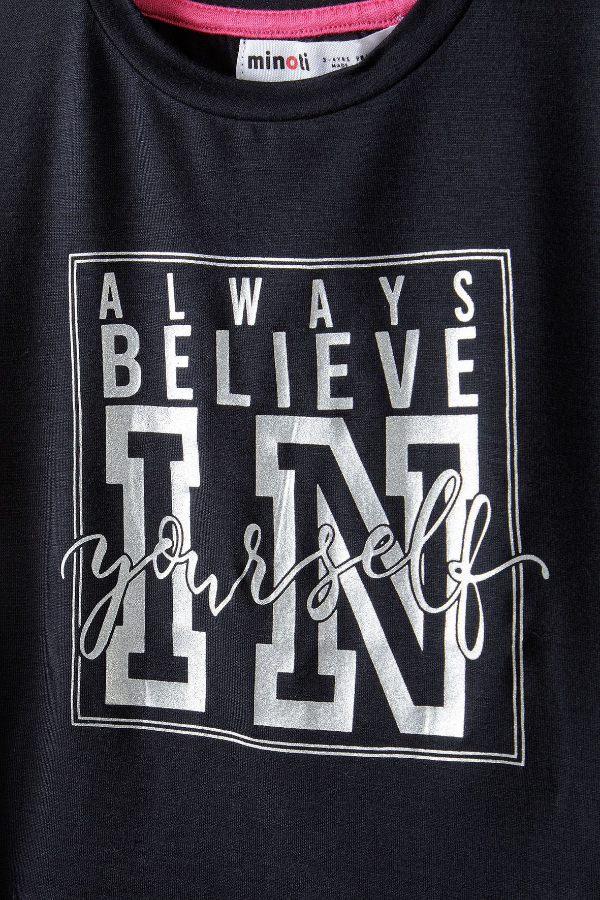 Cropped Sports T-shirt, Believe Print, Black - 3