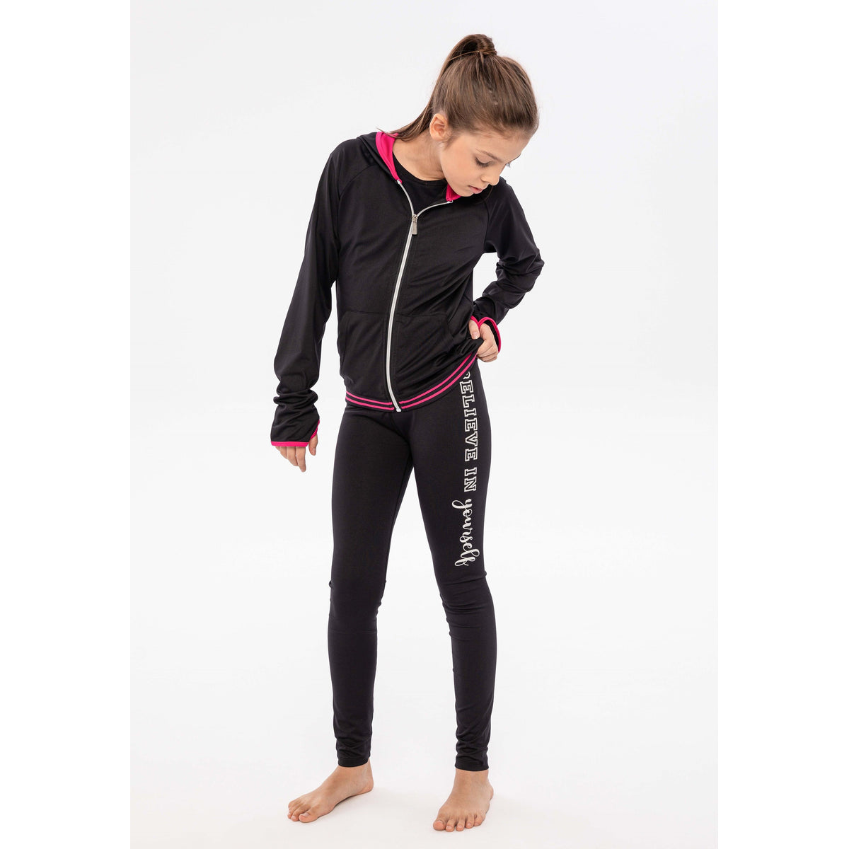 Girls' slogan leggings in black and pink — complete product view for square Shop card
