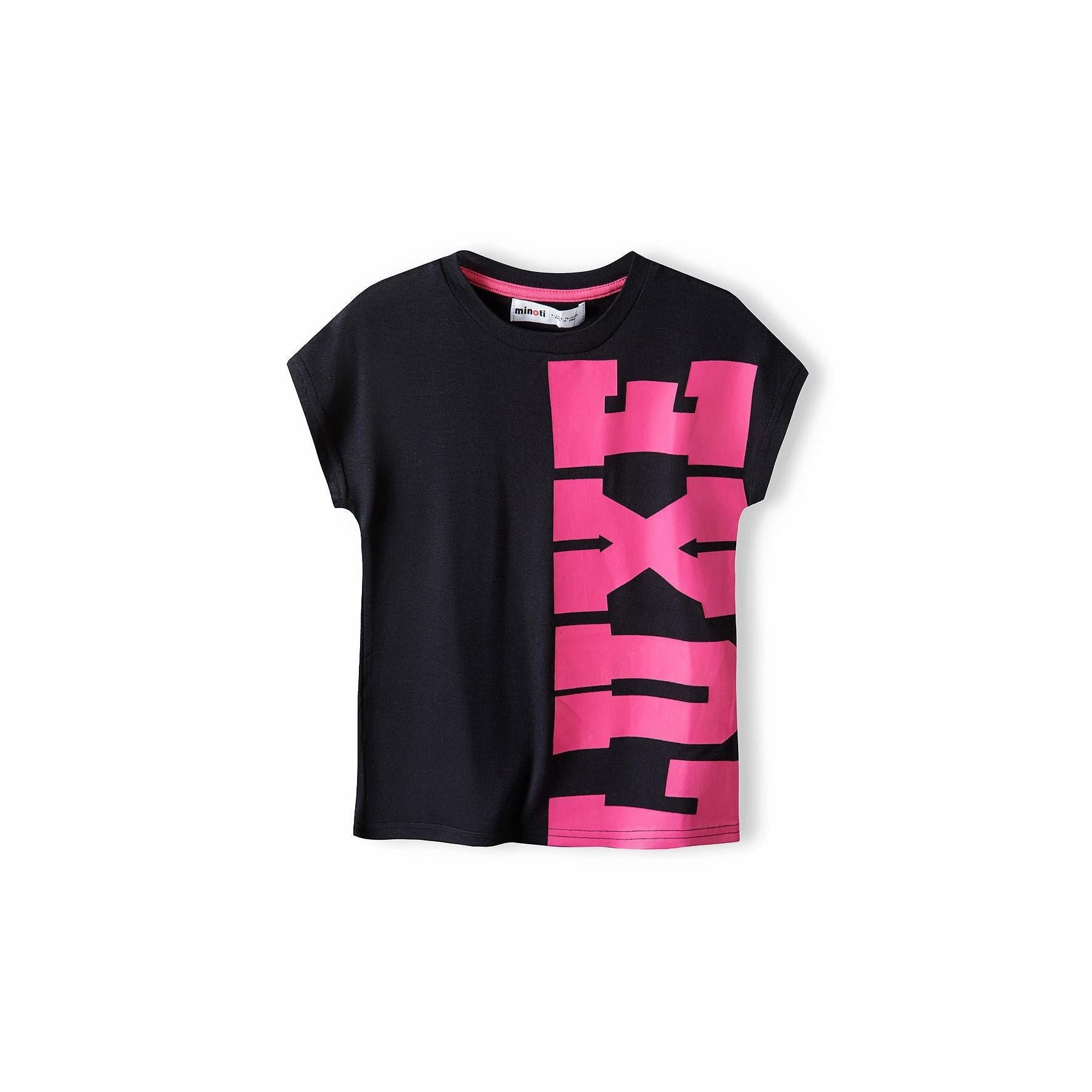 Black t-shirt with bright pink graphic slogan print displayed on white background front view