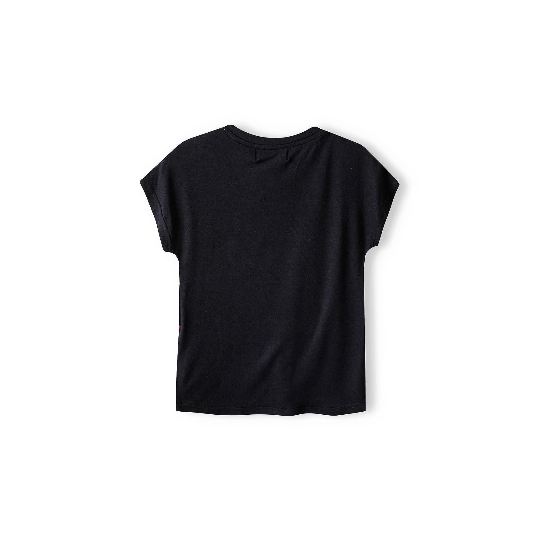 Back view of black t-shirt showing plain design on white background