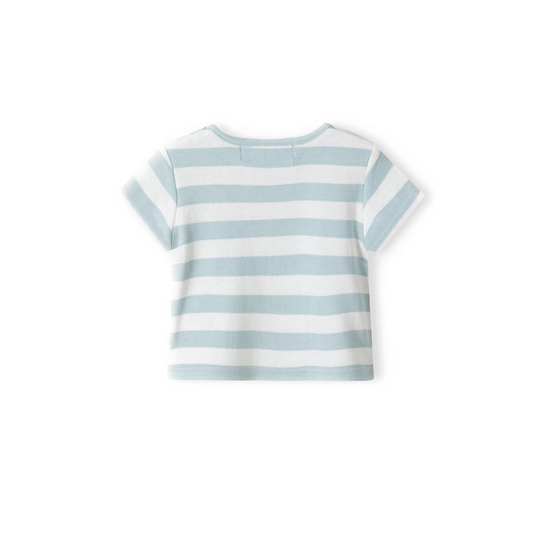 Back view of blue and white striped baby t-shirt laid flat against white background showing horizontal stripe pattern and envelope neck opening