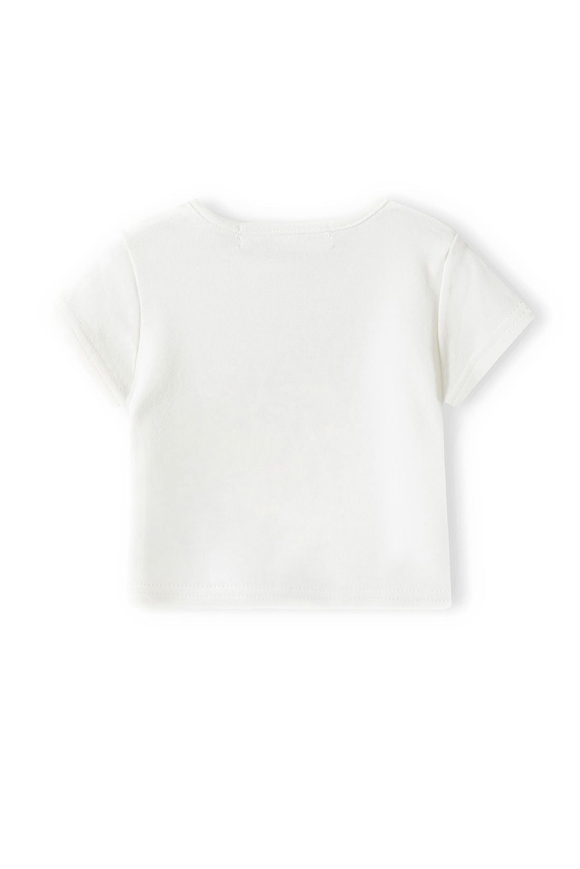 Plain white back of short-sleeved baby T-shirt with round neck and straight hem.
