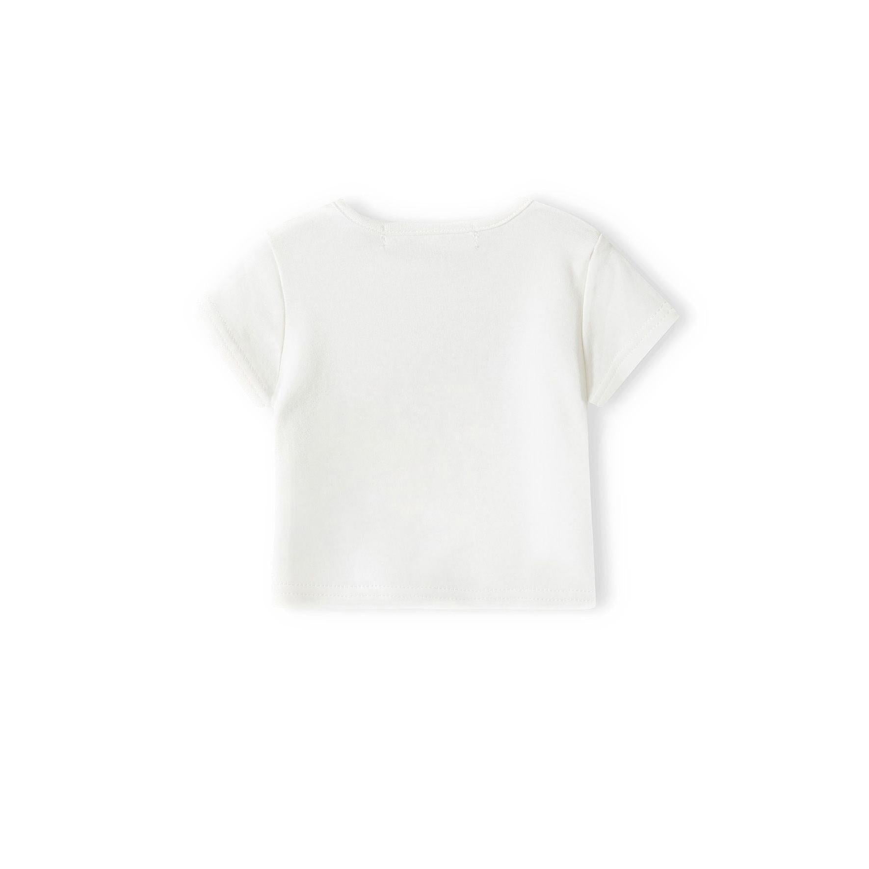 Back view of blue and white striped baby t-shirt laid flat against white background showing horizontal stripe pattern and envelope neck opening