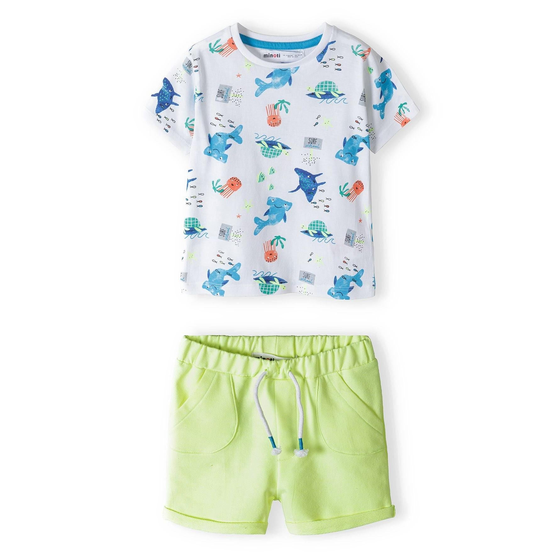 Back view of white t-shirt with colorful shark and sea creature all-over print pattern in blue, orange and green tones