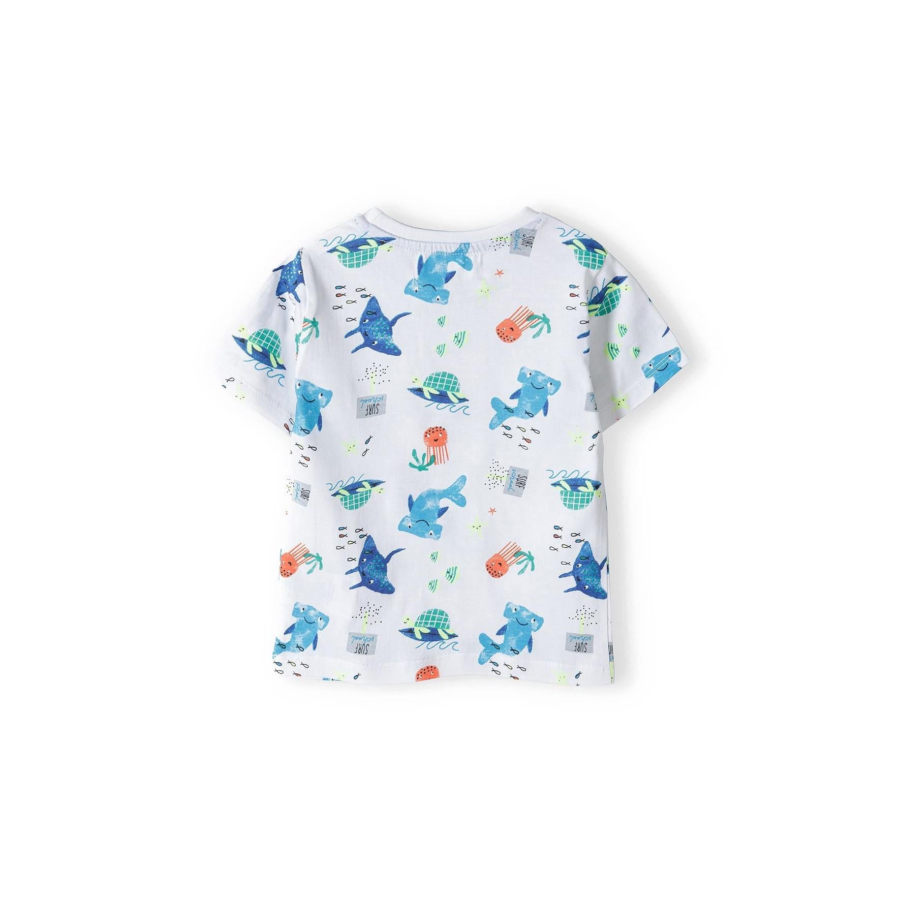 Back view of white t-shirt with colorful shark and sea creature all-over print pattern in blue, orange and green tones